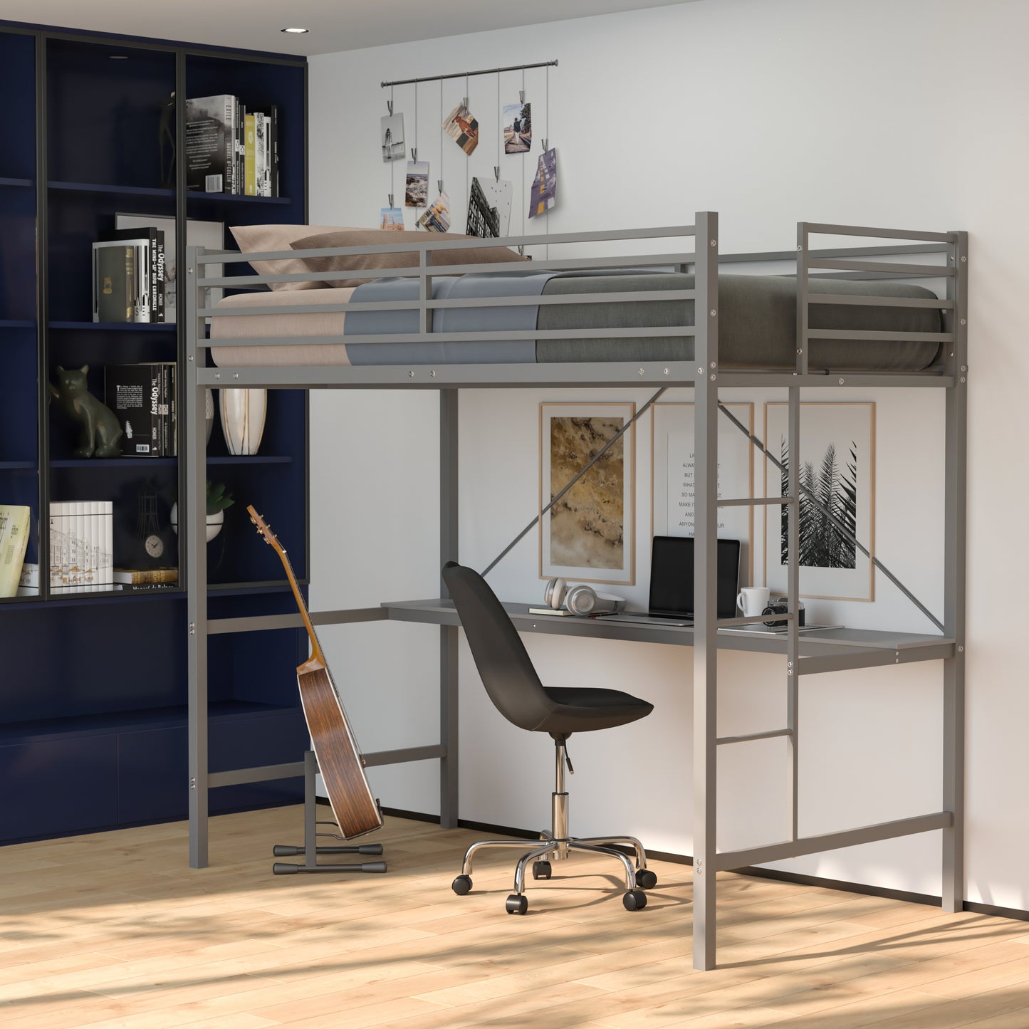 Jake Loft Bed Frame with Desk, Twin Size Metal Bed Frame with Protective Guard Rails & Ladder for Kids, Teens and Adults - Gray Gray