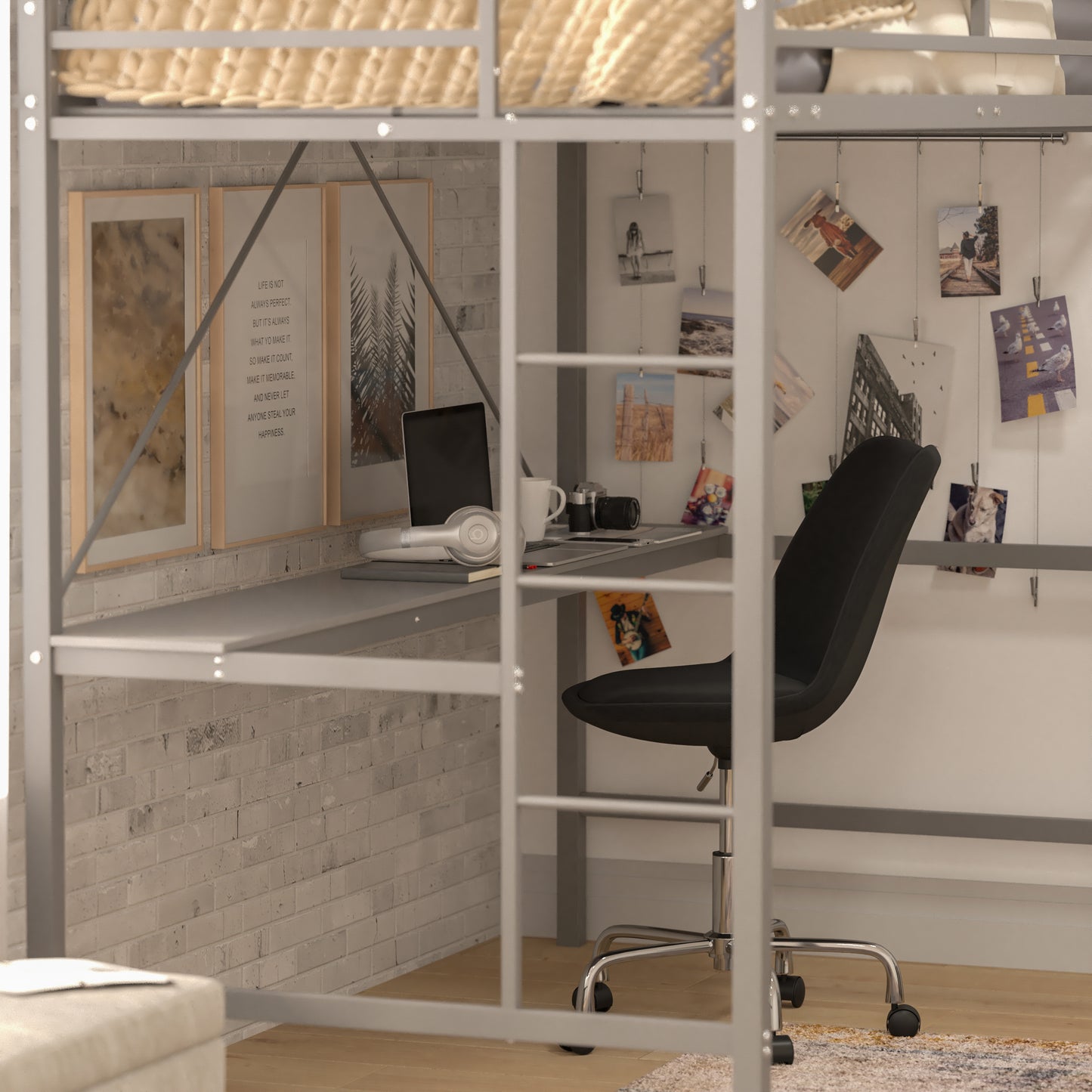 Jake Loft Bed Frame with Desk, Twin Size Metal Bed Frame with Protective Guard Rails & Ladder for Kids, Teens and Adults - Gray Gray