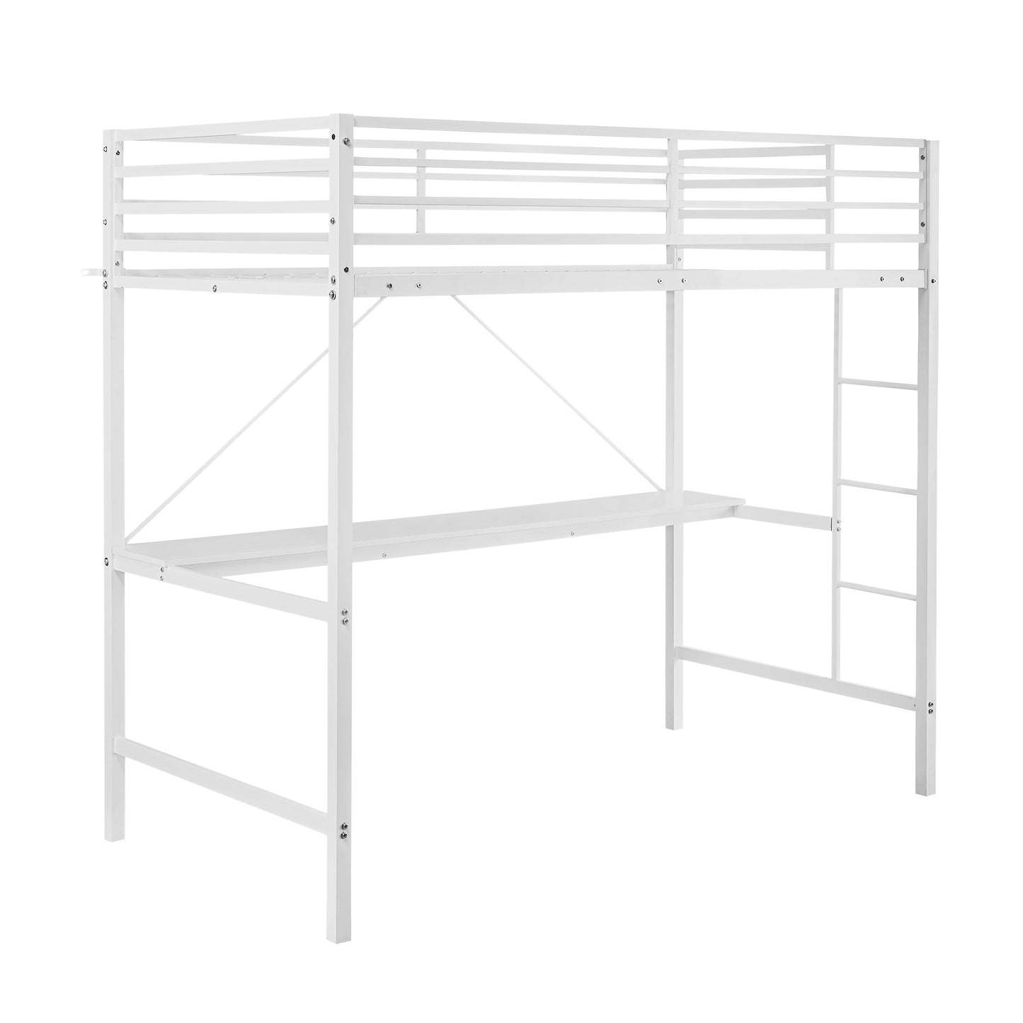 Jake Loft Bed Frame with Desk, Twin Size Metal Bed Frame with Protective Guard Rails & Ladder for Kids, Teens and Adults - White White