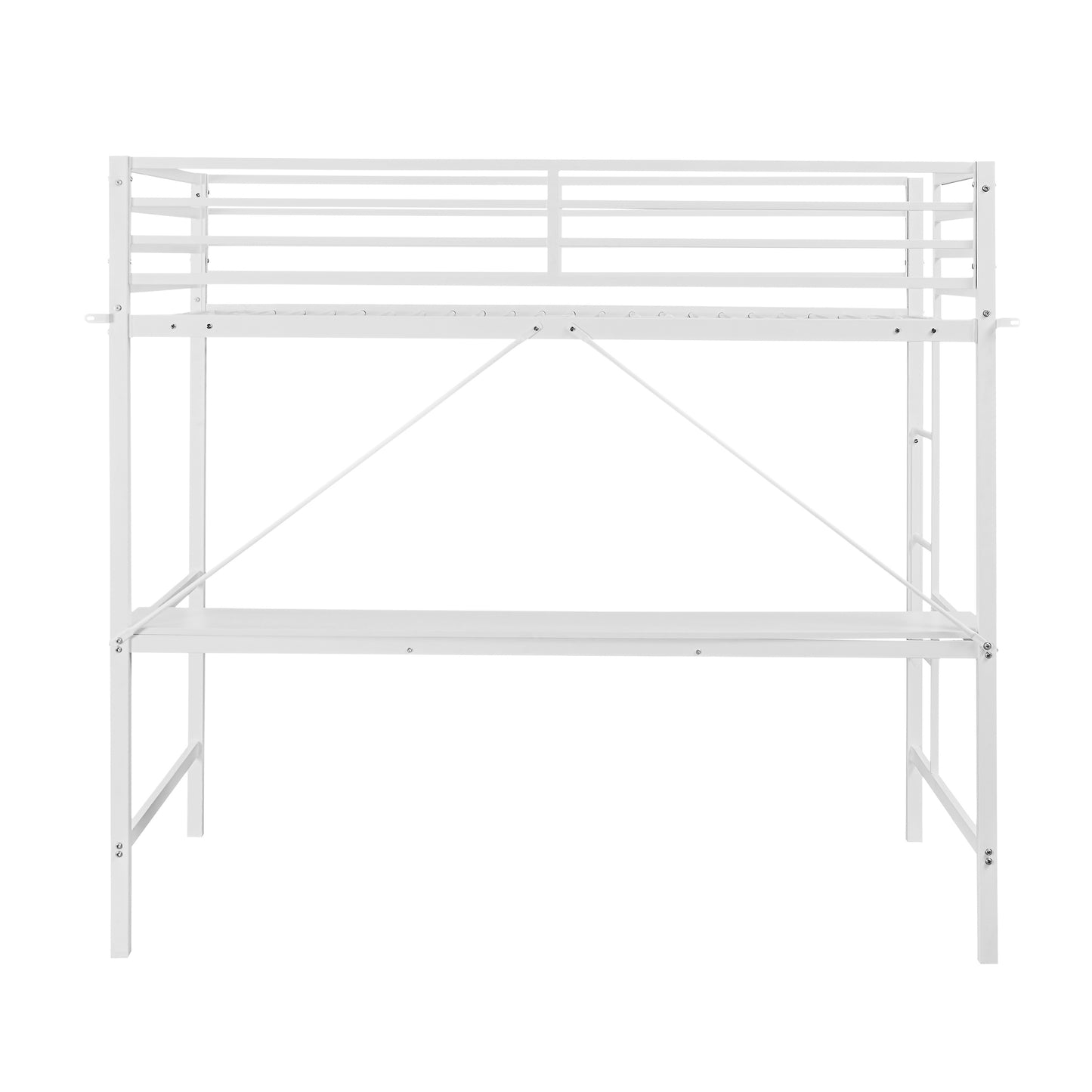 Jake Loft Bed Frame with Desk, Twin Size Metal Bed Frame with Protective Guard Rails & Ladder for Kids, Teens and Adults - White White