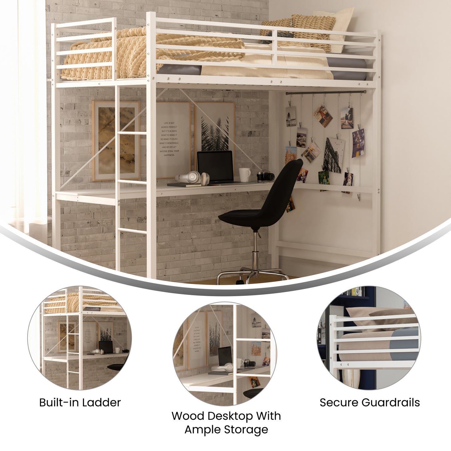 Jake Loft Bed Frame with Desk, Twin Size Metal Bed Frame with Protective Guard Rails & Ladder for Kids, Teens and Adults - White White