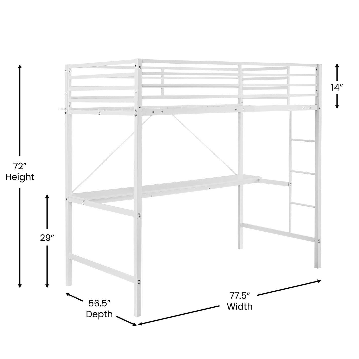 Jake Loft Bed Frame with Desk, Twin Size Metal Bed Frame with Protective Guard Rails & Ladder for Kids, Teens and Adults - White White