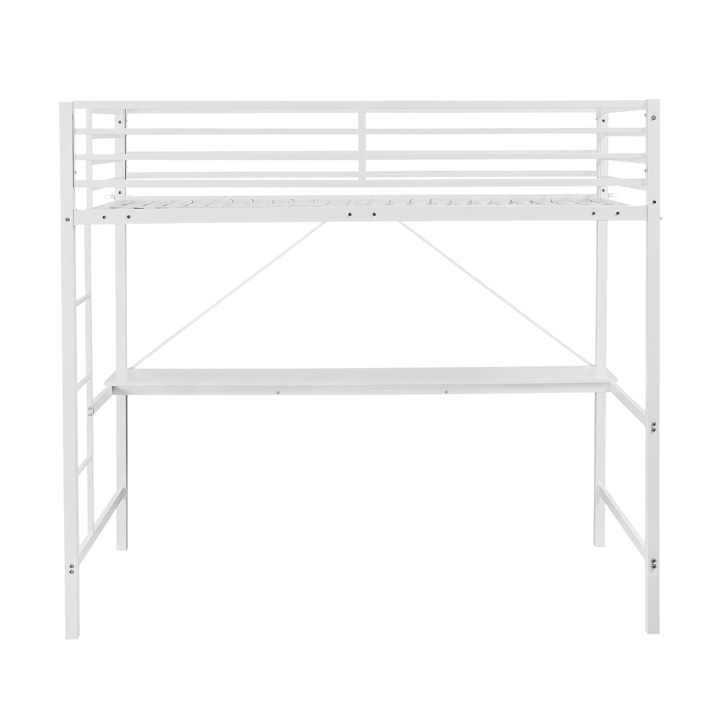 Jake Loft Bed Frame with Desk, Twin Size Metal Bed Frame with Protective Guard Rails & Ladder for Kids, Teens and Adults - White White