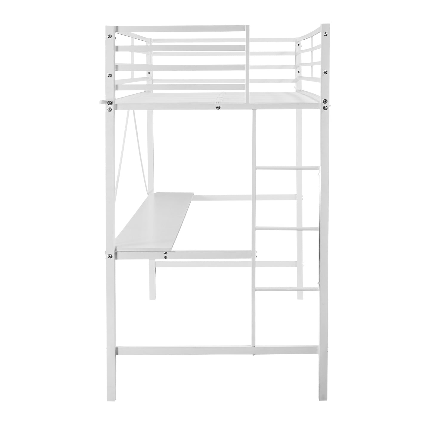 Jake Loft Bed Frame with Desk, Twin Size Metal Bed Frame with Protective Guard Rails & Ladder for Kids, Teens and Adults - White White