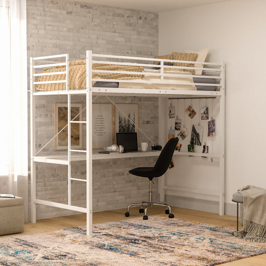 Jake Loft Bed Frame with Desk, Twin Size Metal Bed Frame with Protective Guard Rails & Ladder for Kids, Teens and Adults - White White TLN-YH0226-T-WHT-GG