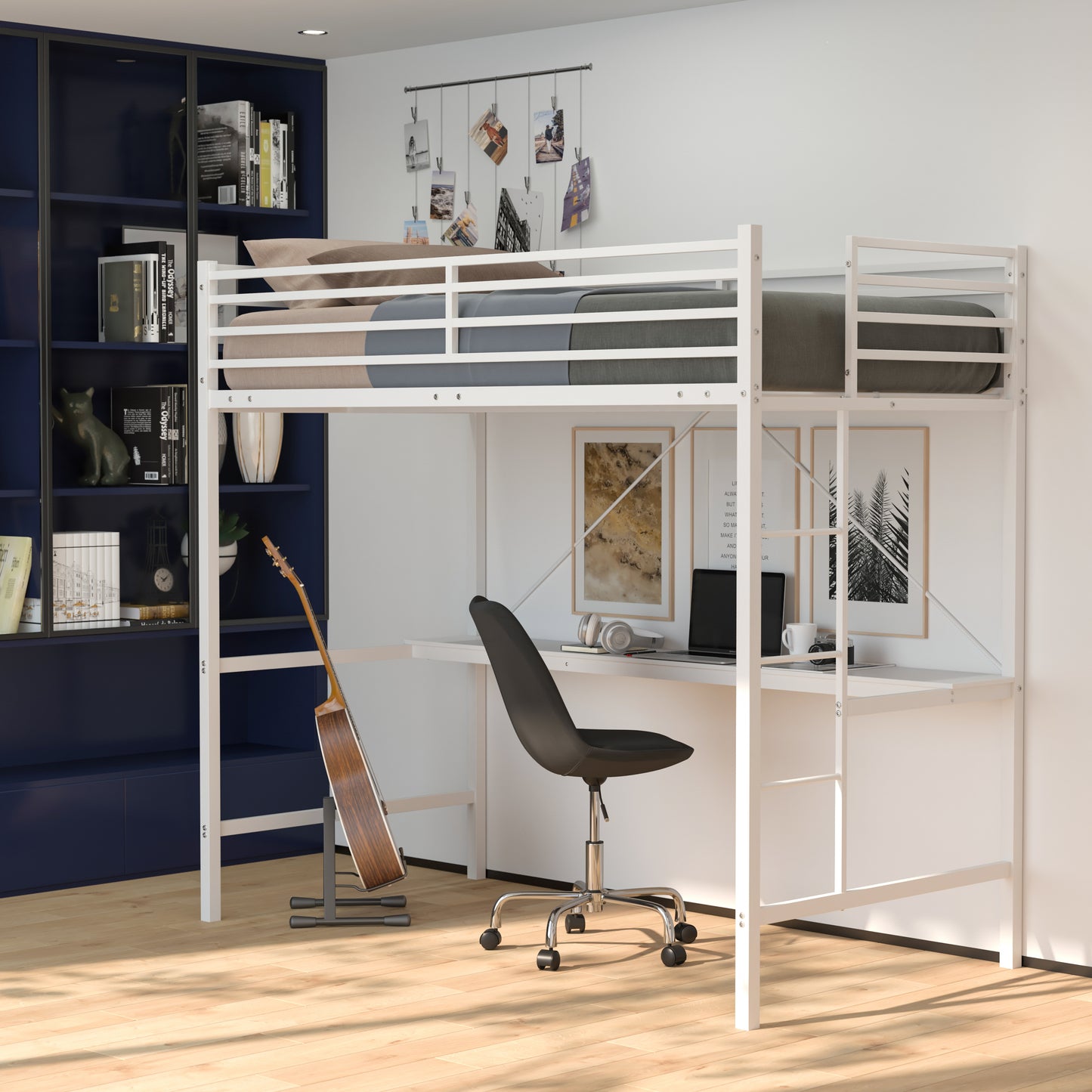 Jake Loft Bed Frame with Desk, Twin Size Metal Bed Frame with Protective Guard Rails & Ladder for Kids, Teens and Adults - White White