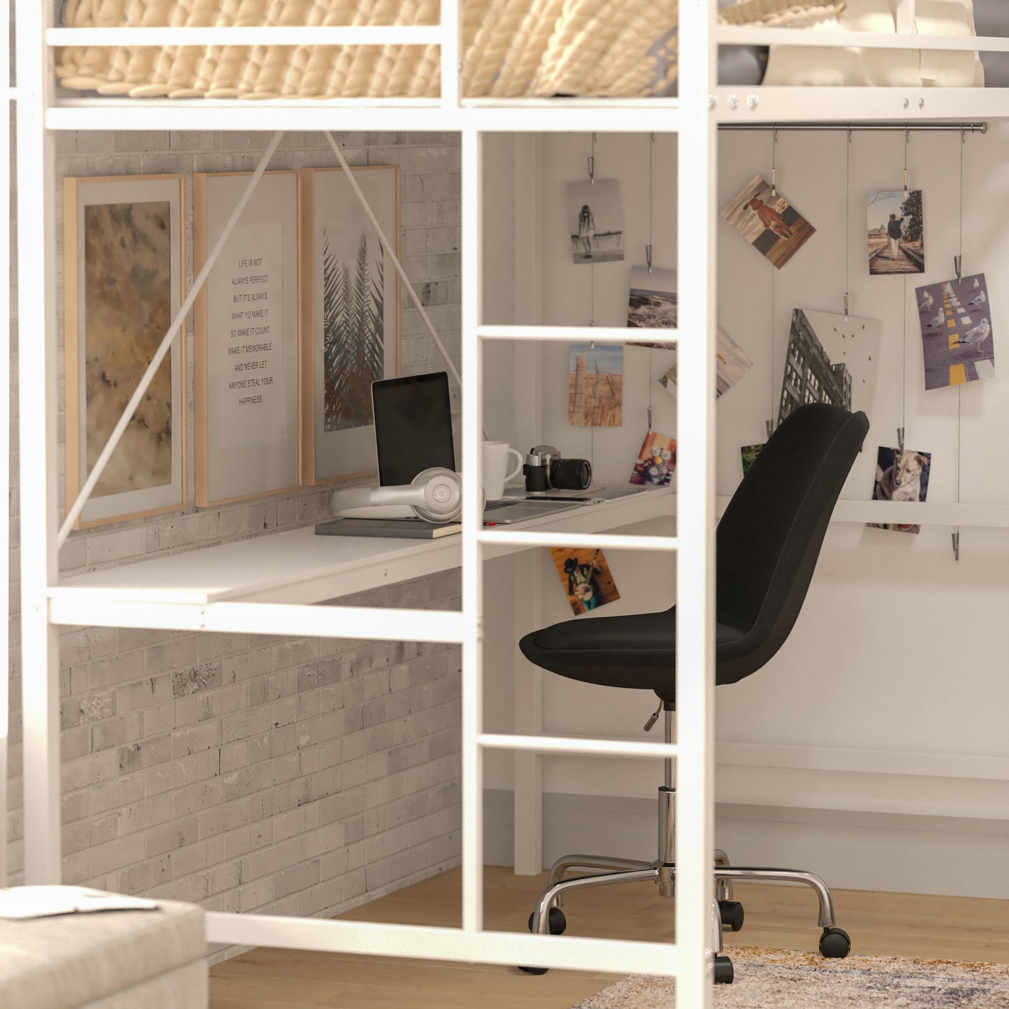 Jake Loft Bed Frame with Desk, Twin Size Metal Bed Frame with Protective Guard Rails & Ladder for Kids, Teens and Adults - White White