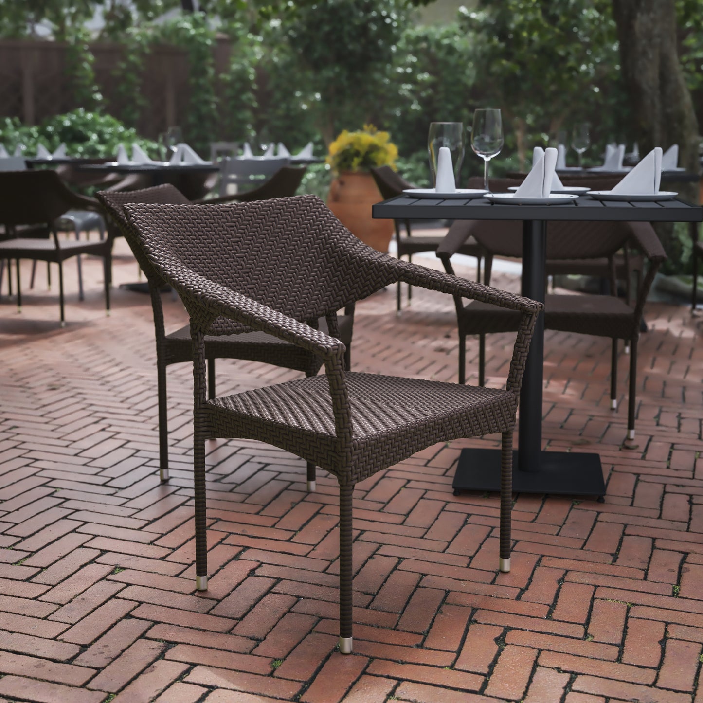 Jace Commercial Grade Stacking Patio Chair, All Weather PE Rattan Wicker Patio Dining Chair in Espresso Espresso