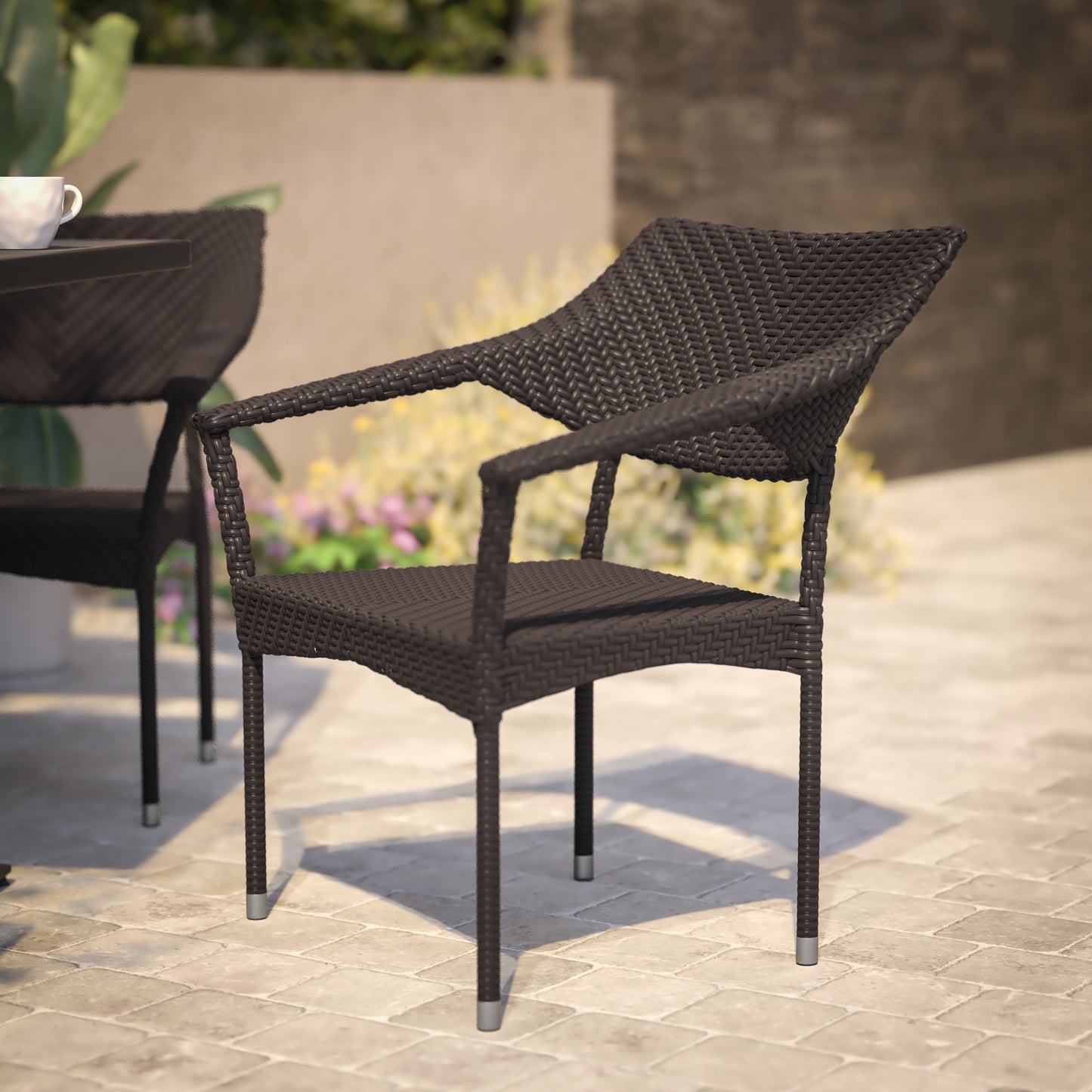Jace Commercial Grade Stacking Patio Chair, All Weather PE Rattan Wicker Patio Dining Chair in Espresso Espresso