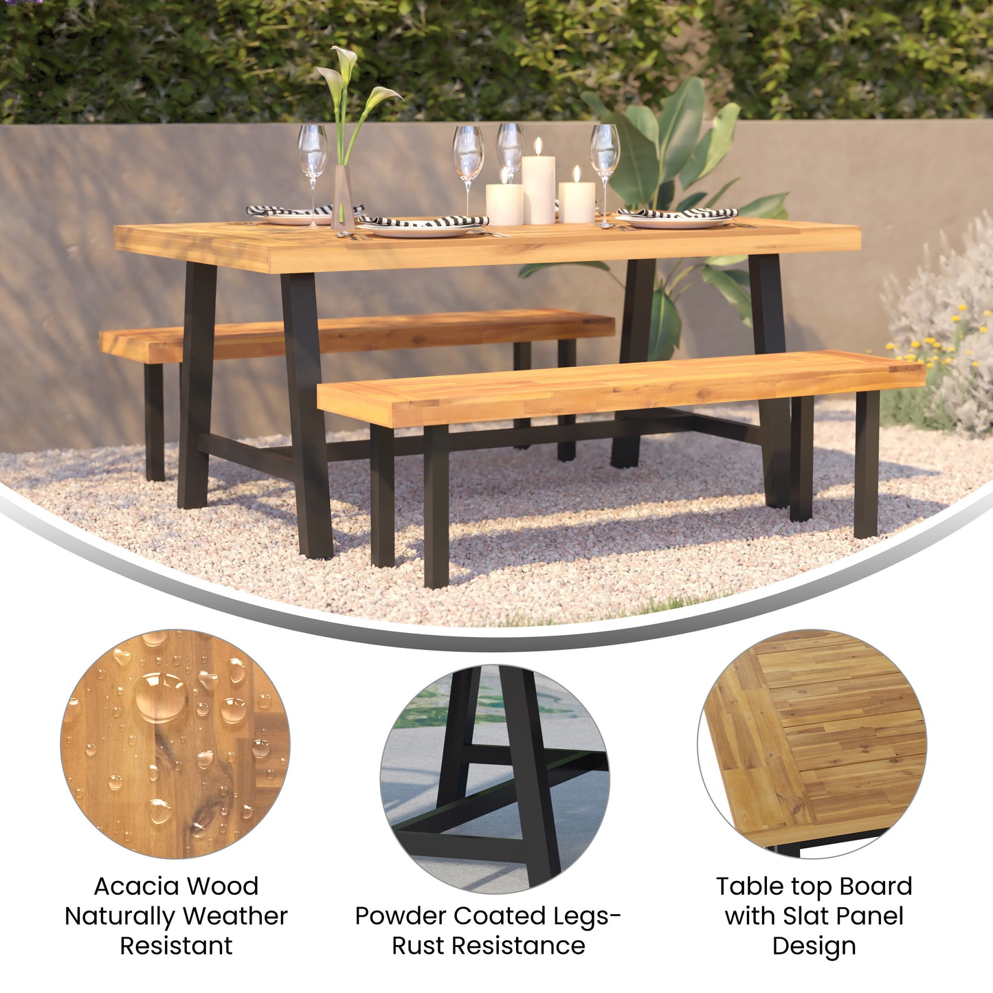Rafe Commercial Grade Acacia Wood Dining Table with Metal Base, Indoor/Outdoor Rectangle Patio Table with Plank Style Table Top, Natural/Black Natural Top/Black Frame