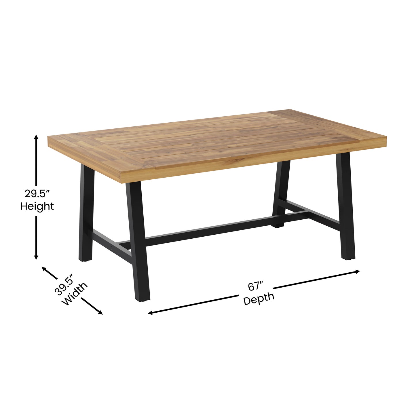 Rafe Commercial Grade Acacia Wood Dining Table with Metal Base, Indoor/Outdoor Rectangle Patio Table with Plank Style Table Top, Natural/Black Natural Top/Black Frame