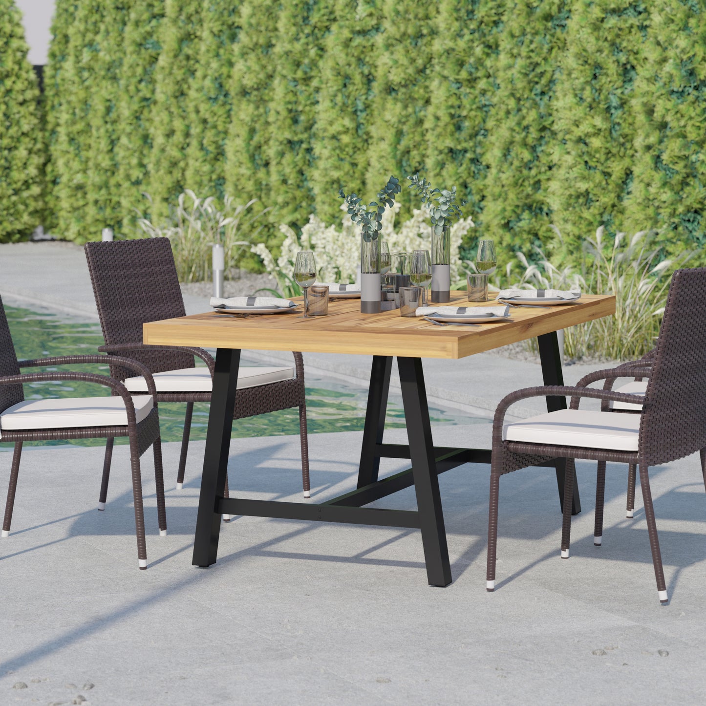 Rafe Commercial Grade Acacia Wood Dining Table with Metal Base, Indoor/Outdoor Rectangle Patio Table with Plank Style Table Top, Natural/Black Natural Top/Black Frame