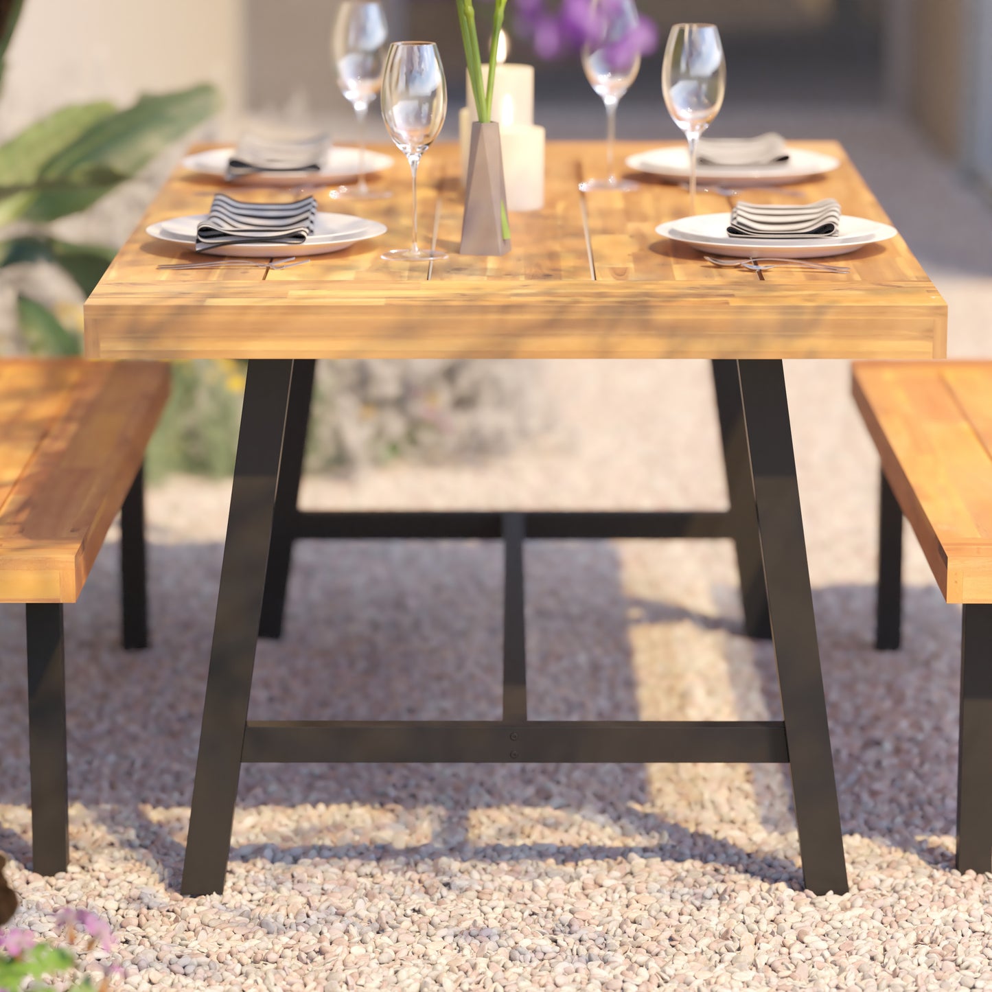 Rafe Commercial Grade Acacia Wood Dining Table with Metal Base, Indoor/Outdoor Rectangle Patio Table with Plank Style Table Top, Natural/Black Natural Top/Black Frame