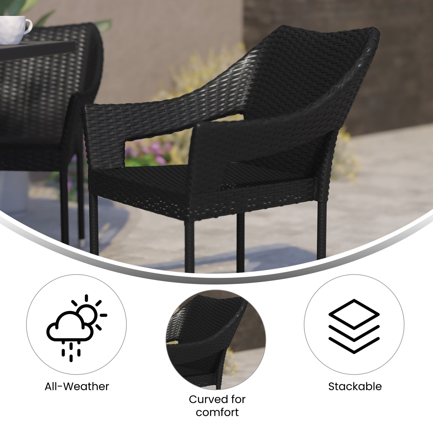 Ethan Commercial Grade Stacking Patio Chair, All Weather PE Rattan Wicker Patio Dining Chair in Black Black