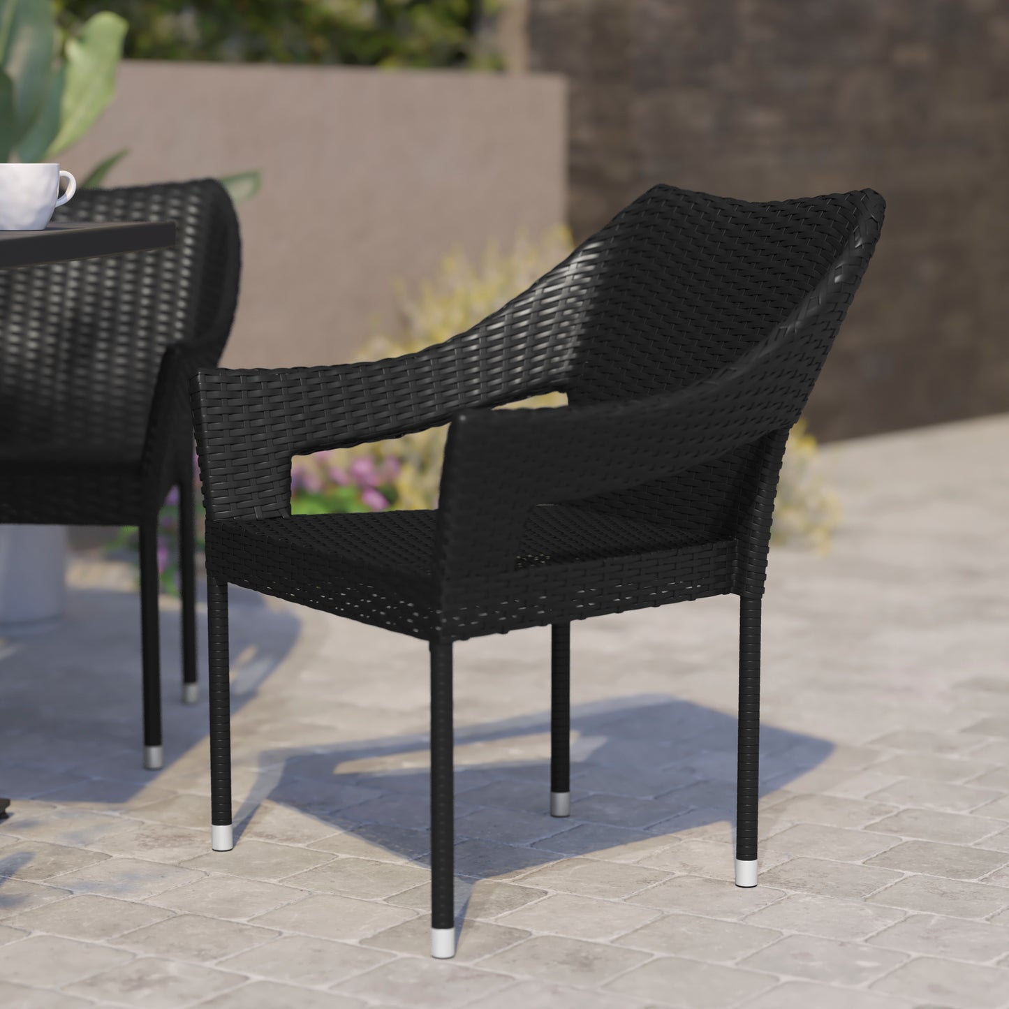 Ethan Commercial Grade Stacking Patio Chair, All Weather PE Rattan Wicker Patio Dining Chair in Black Black