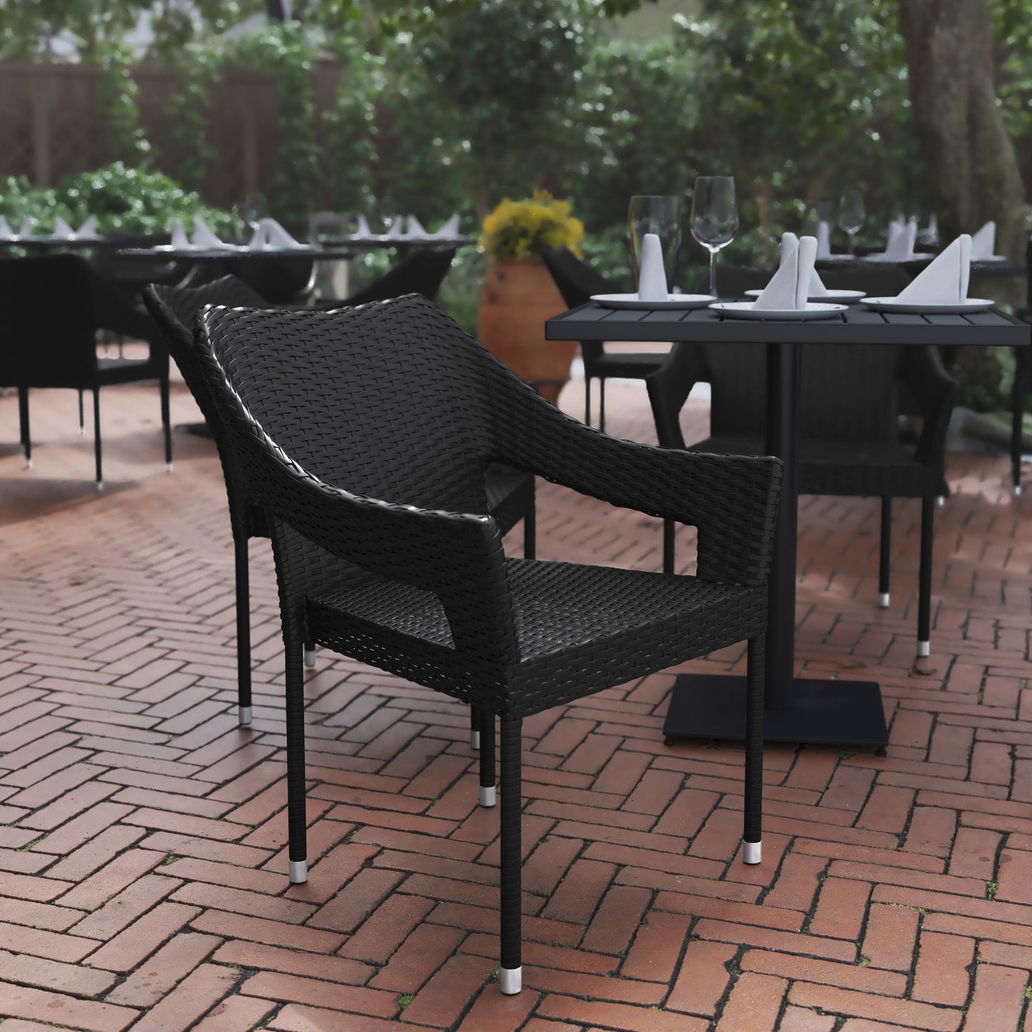 Ethan Commercial Grade Stacking Patio Chair, All Weather PE Rattan Wicker Patio Dining Chair in Black Black