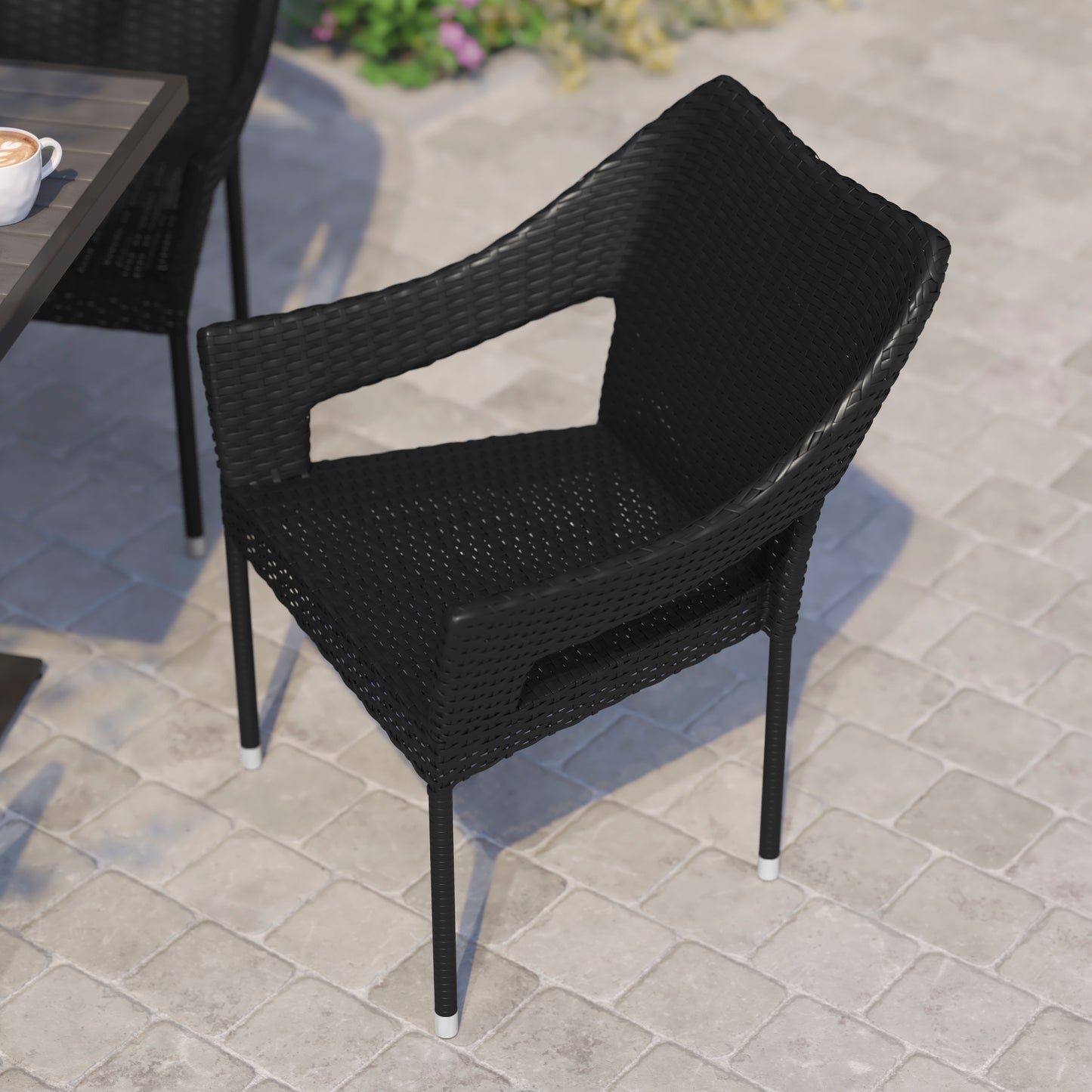 Ethan Commercial Grade Stacking Patio Chair, All Weather PE Rattan Wicker Patio Dining Chair in Black Black