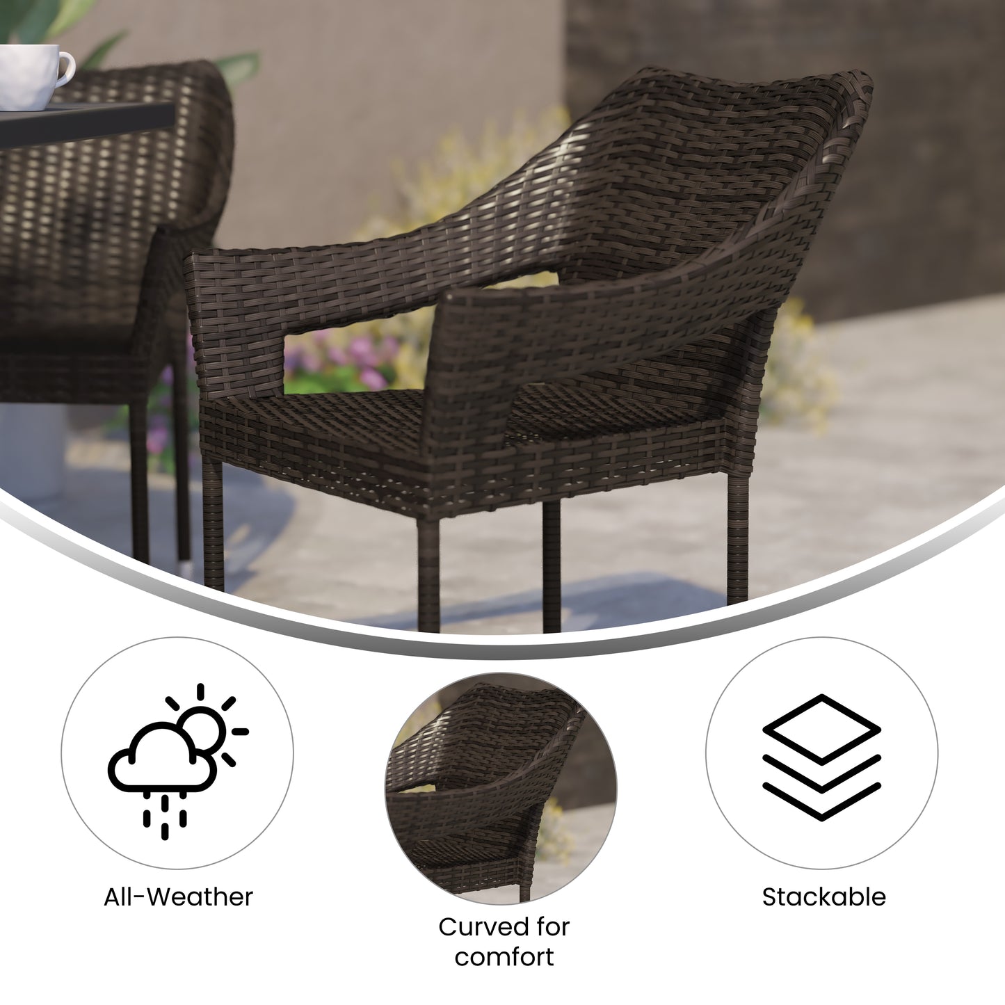 Ethan Commercial Grade Stacking Patio Chair, All Weather PE Rattan Wicker Patio Dining Chair in Espresso Espresso