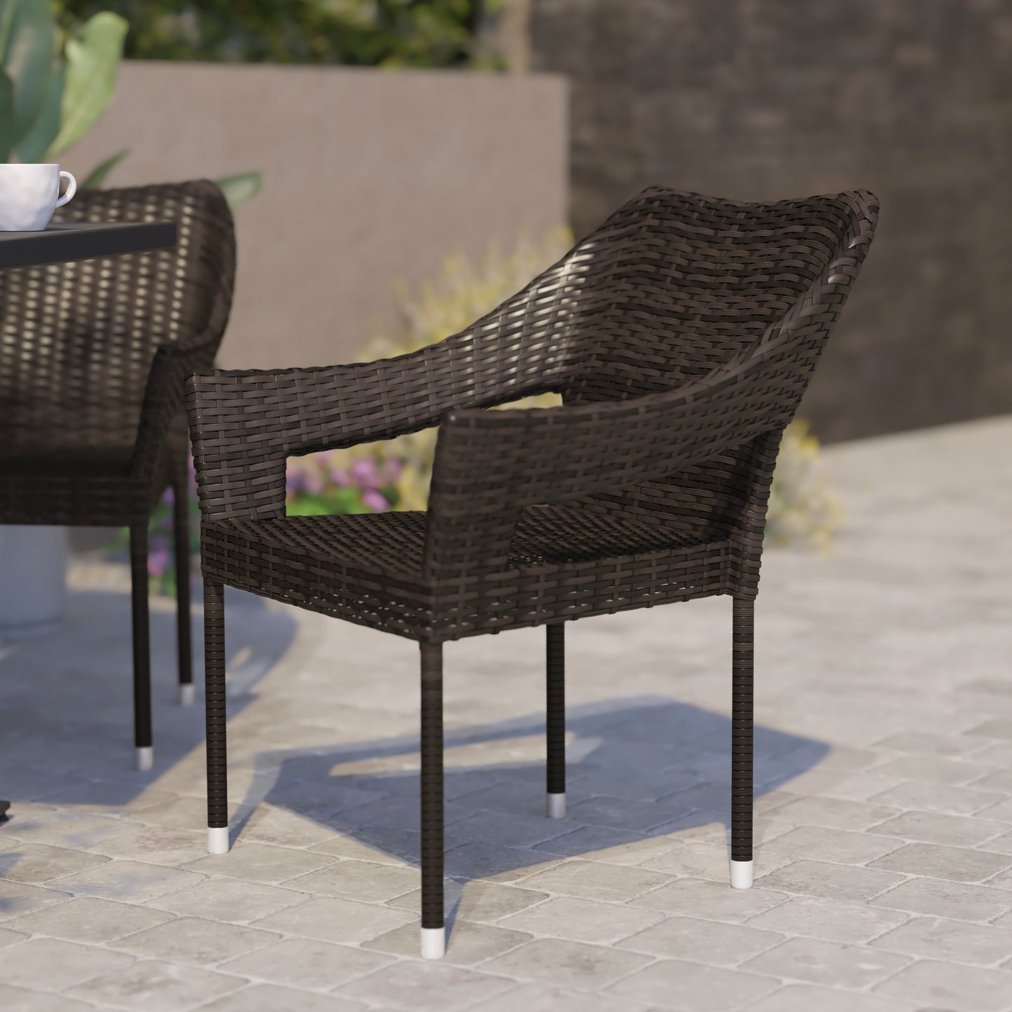 Ethan Commercial Grade Stacking Patio Chair, All Weather PE Rattan Wicker Patio Dining Chair in Espresso Espresso