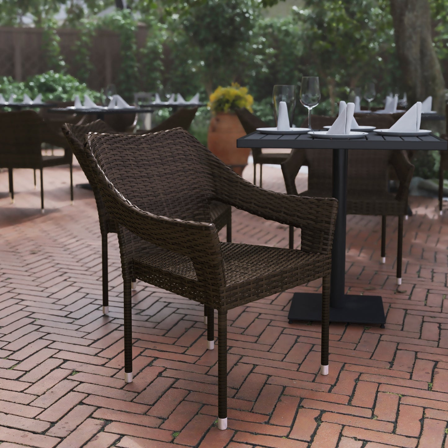 Ethan Commercial Grade Stacking Patio Chair, All Weather PE Rattan Wicker Patio Dining Chair in Espresso Espresso