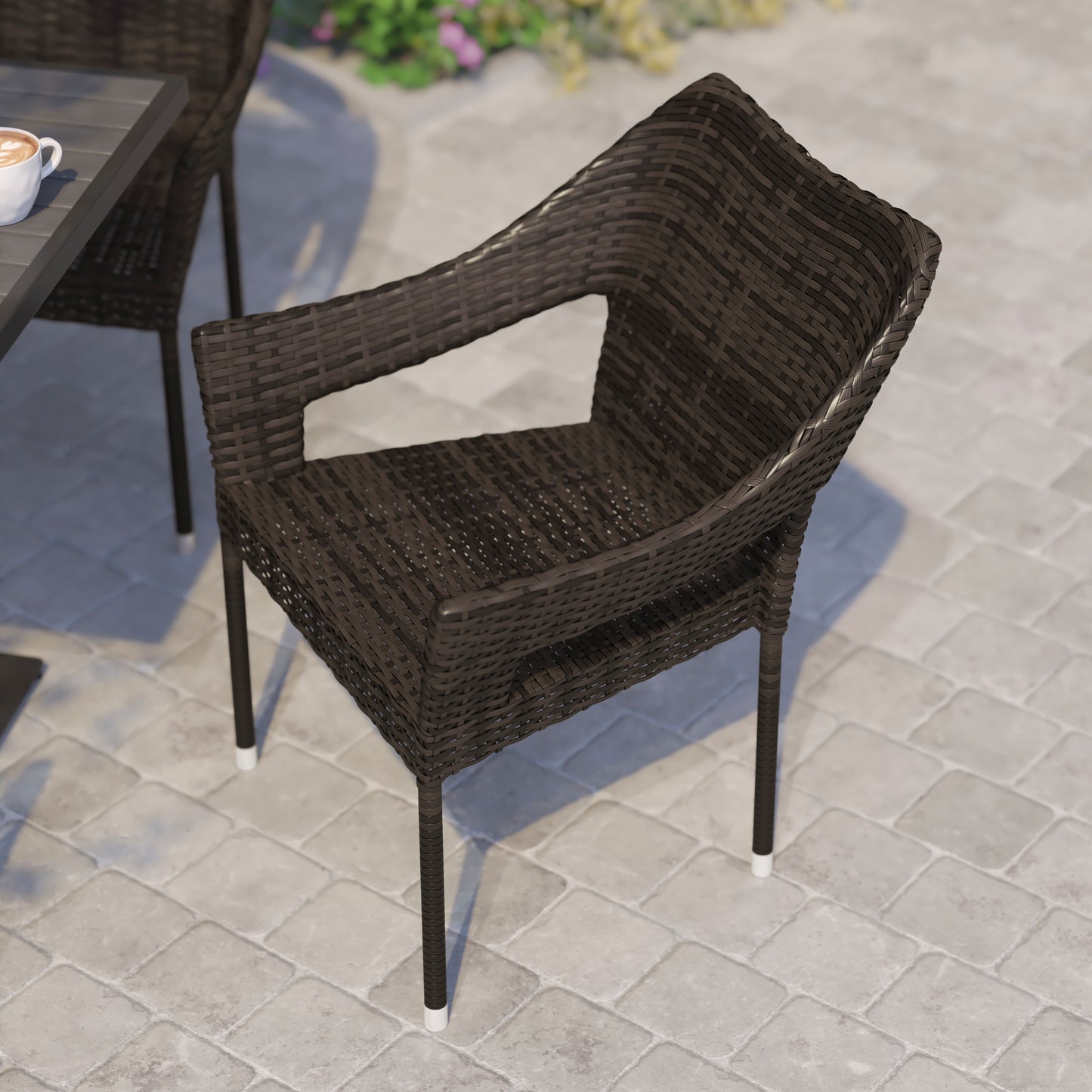 Ethan Commercial Grade Stacking Patio Chair, All Weather PE Rattan Wicker Patio Dining Chair in Espresso Espresso