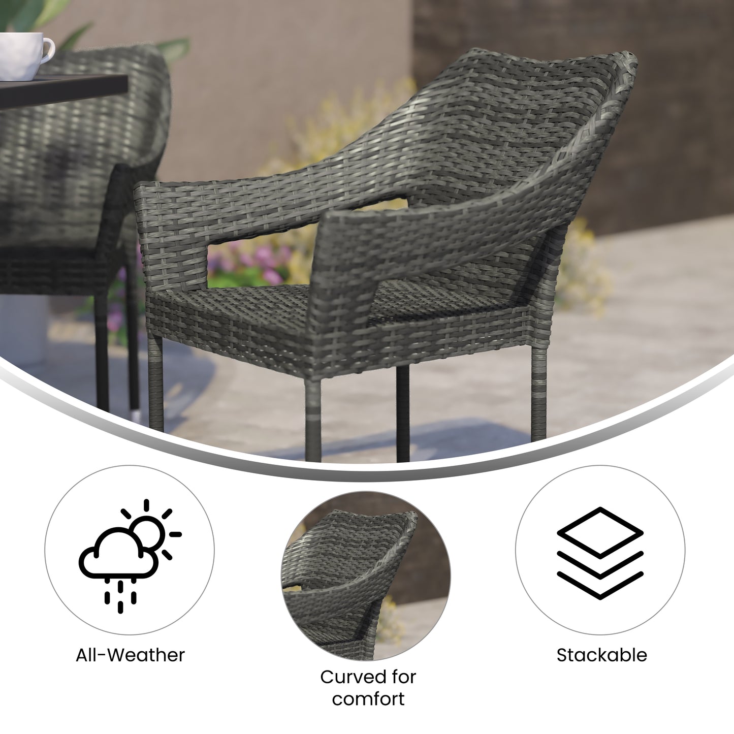 Ethan Commercial Grade Stacking Patio Chair, All Weather PE Rattan Wicker Patio Dining Chair in Gray Gray