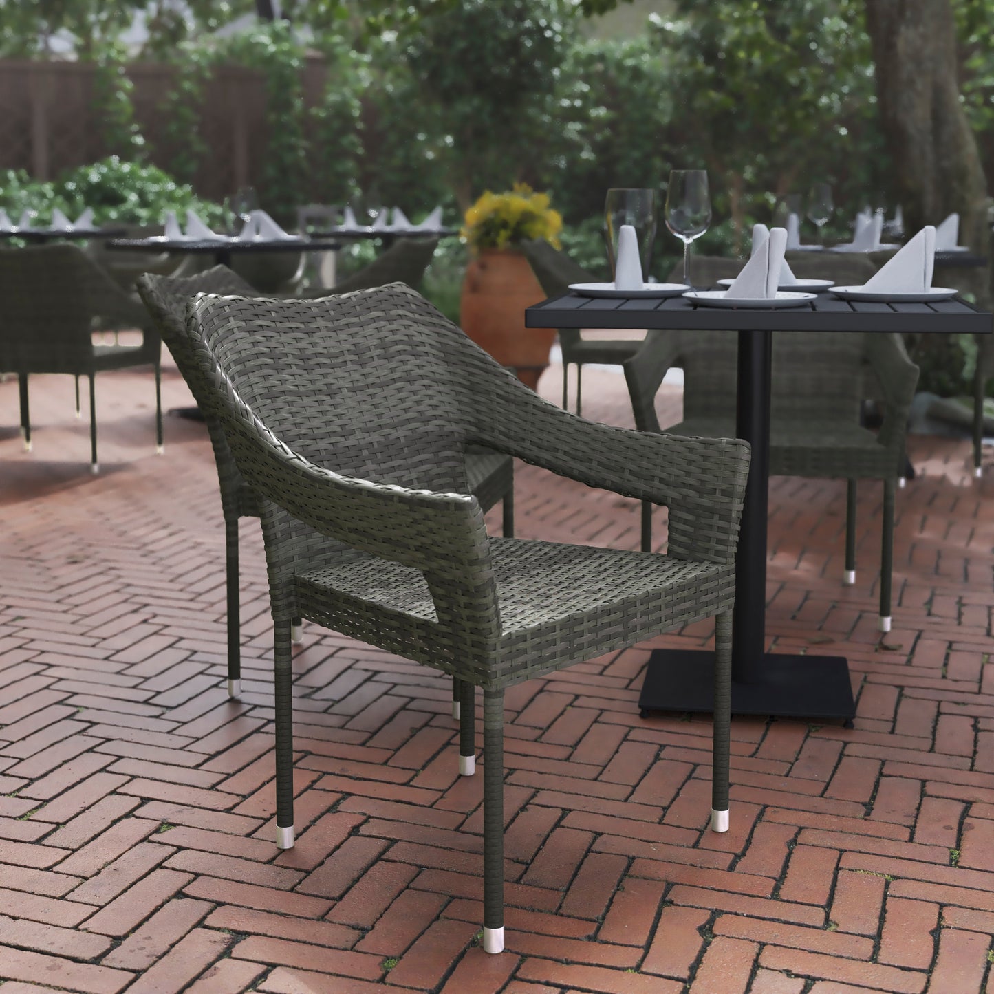 Ethan Commercial Grade Stacking Patio Chair, All Weather PE Rattan Wicker Patio Dining Chair in Gray Gray