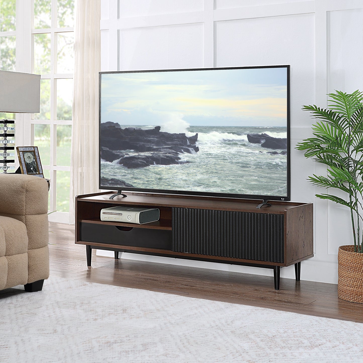 Manhattan Comfort Duane 59.25 Modern Ribbed TV Stand in Dark Brown and Black TV-8GLF-BK