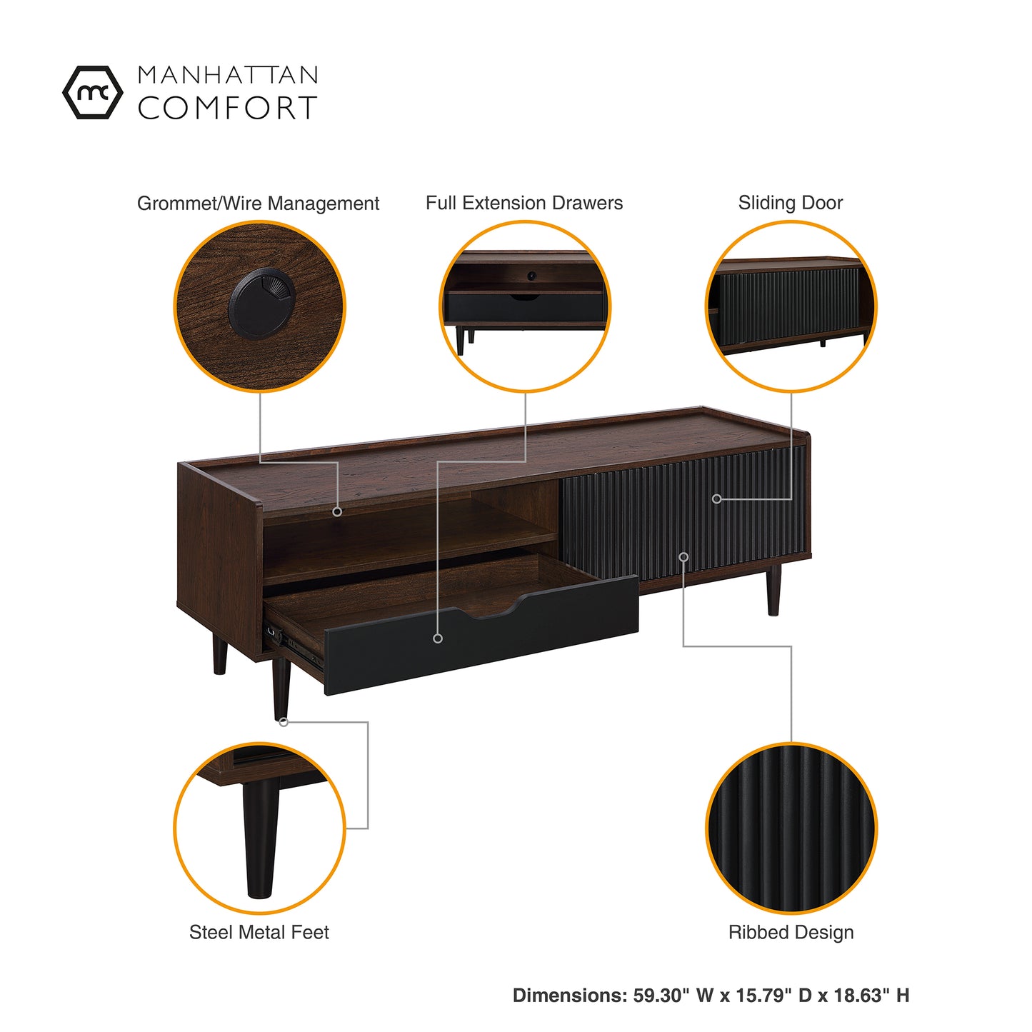 Manhattan Comfort Duane 59.25 Modern Ribbed TV Stand in Dark Brown and Black TV-8GLF-BK