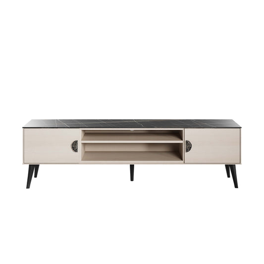 Manhattan Comfort Haley 70.9" Mid-Century Modern TV Stand in White and Black Marble TV004-WB