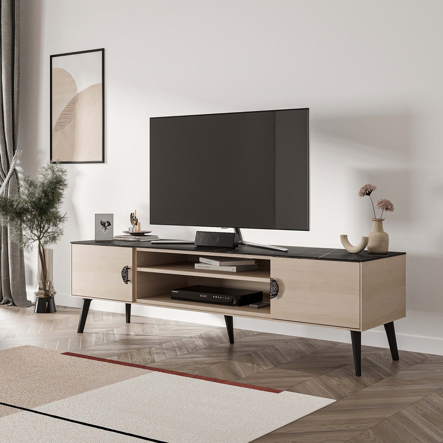Manhattan Comfort Haley 70.9" Mid-Century Modern TV Stand in White and Black Marble TV004-WB