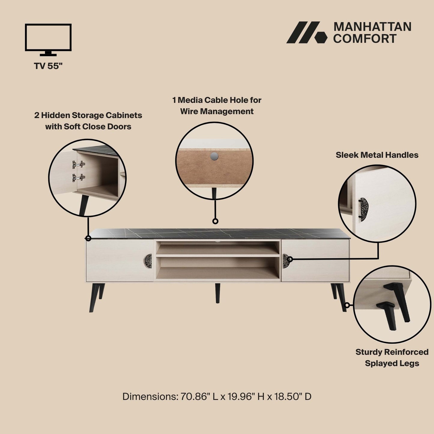 Manhattan Comfort Haley 70.9" Mid-Century Modern TV Stand in White and Black Marble TV004-WB
