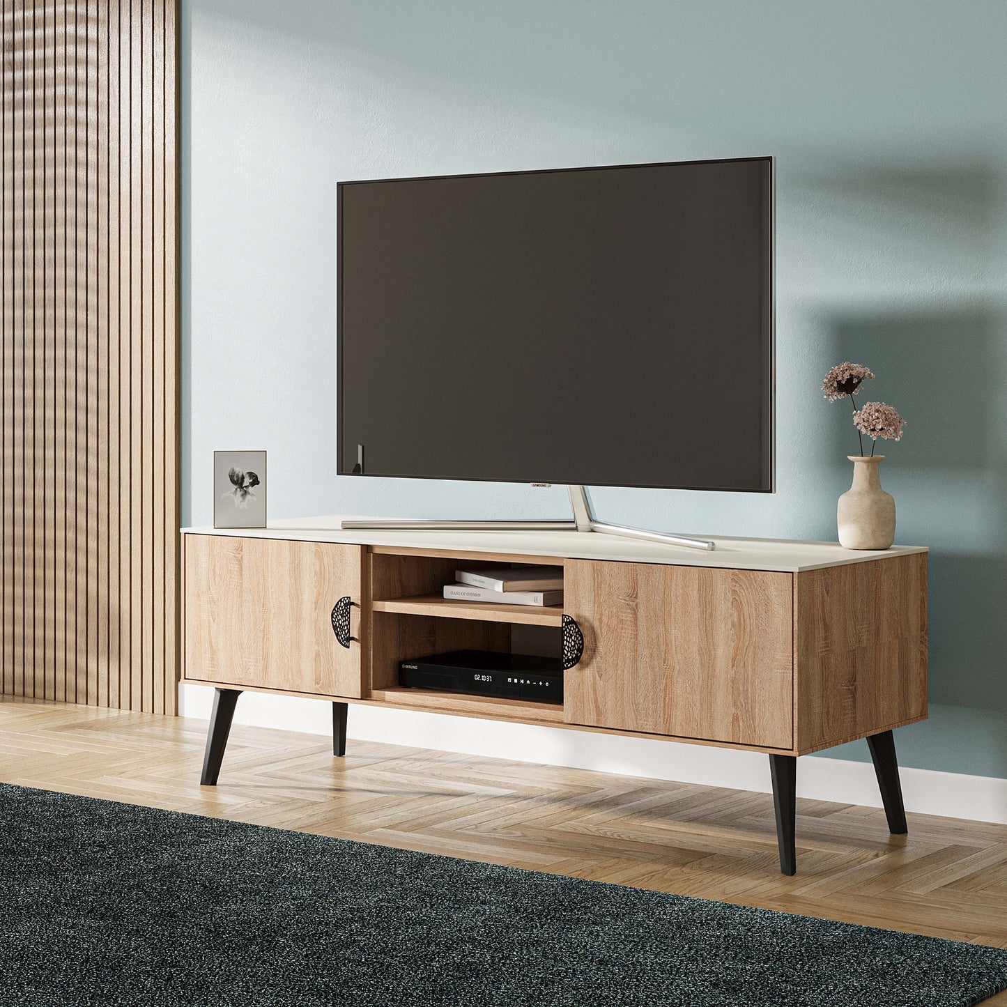 Manhattan Comfort Haley 55.10" Mid-Century Modern TV Stand in Natural and Nude TV005-NN