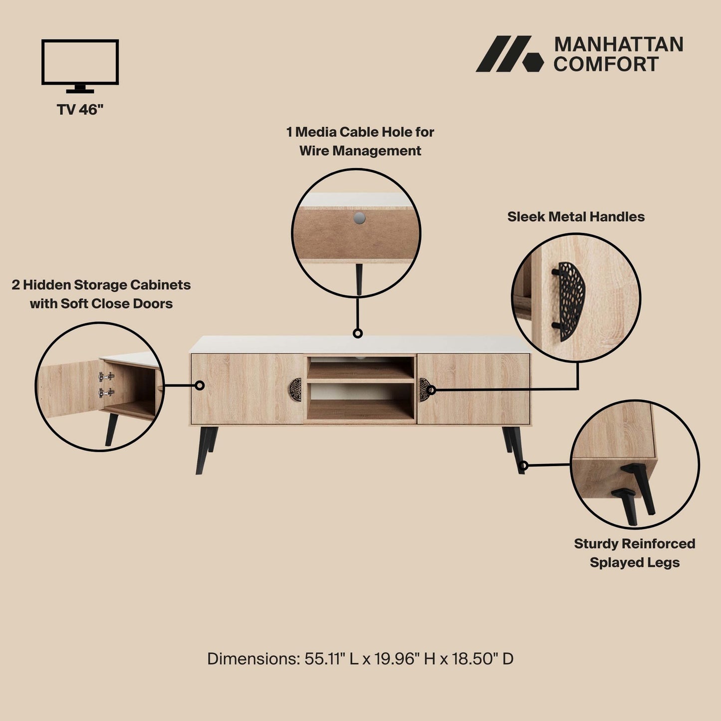 Manhattan Comfort Haley 55.10" Mid-Century Modern TV Stand in Natural and Nude TV005-NN