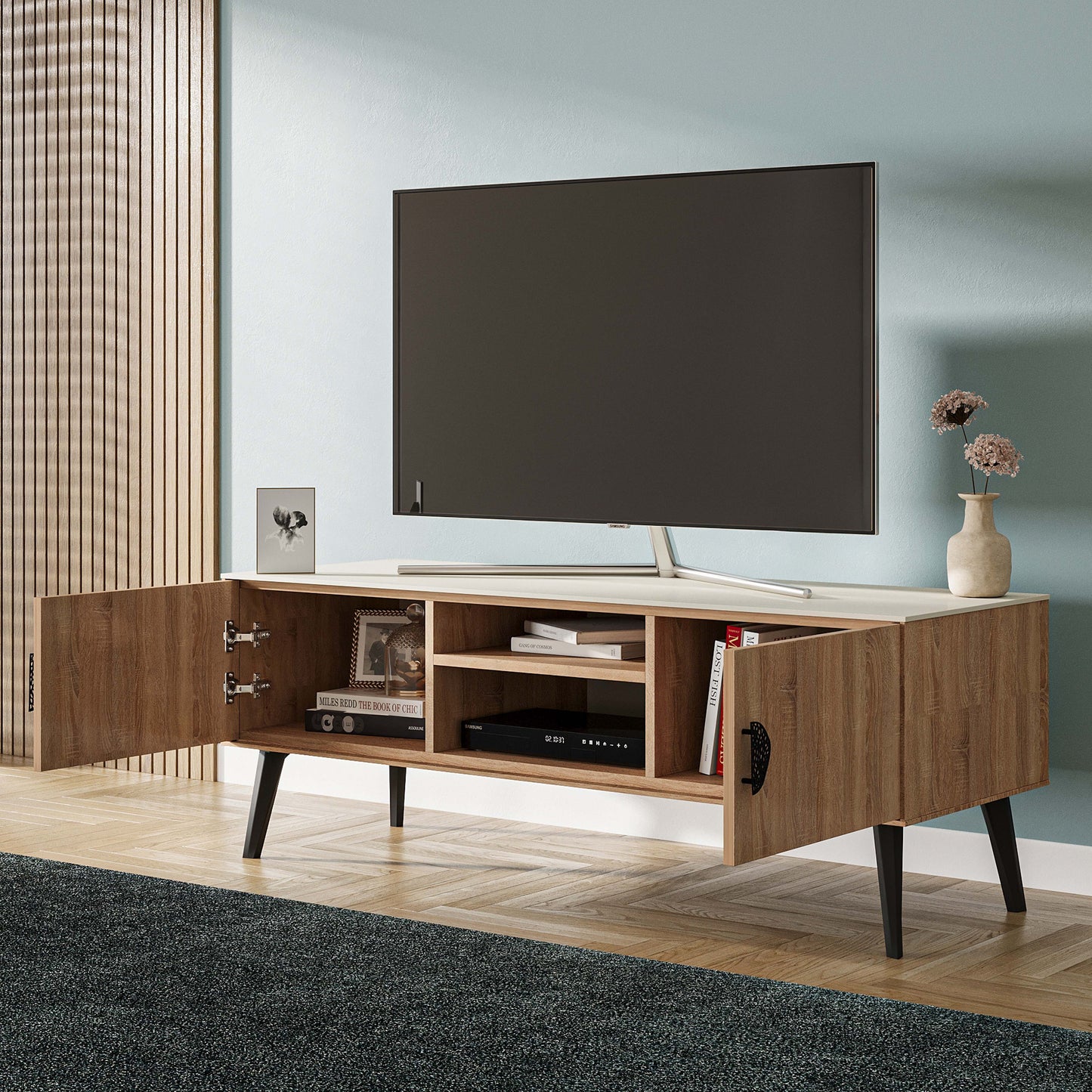 Manhattan Comfort Haley 55.10" Mid-Century Modern TV Stand in Natural and Nude TV005-NN
