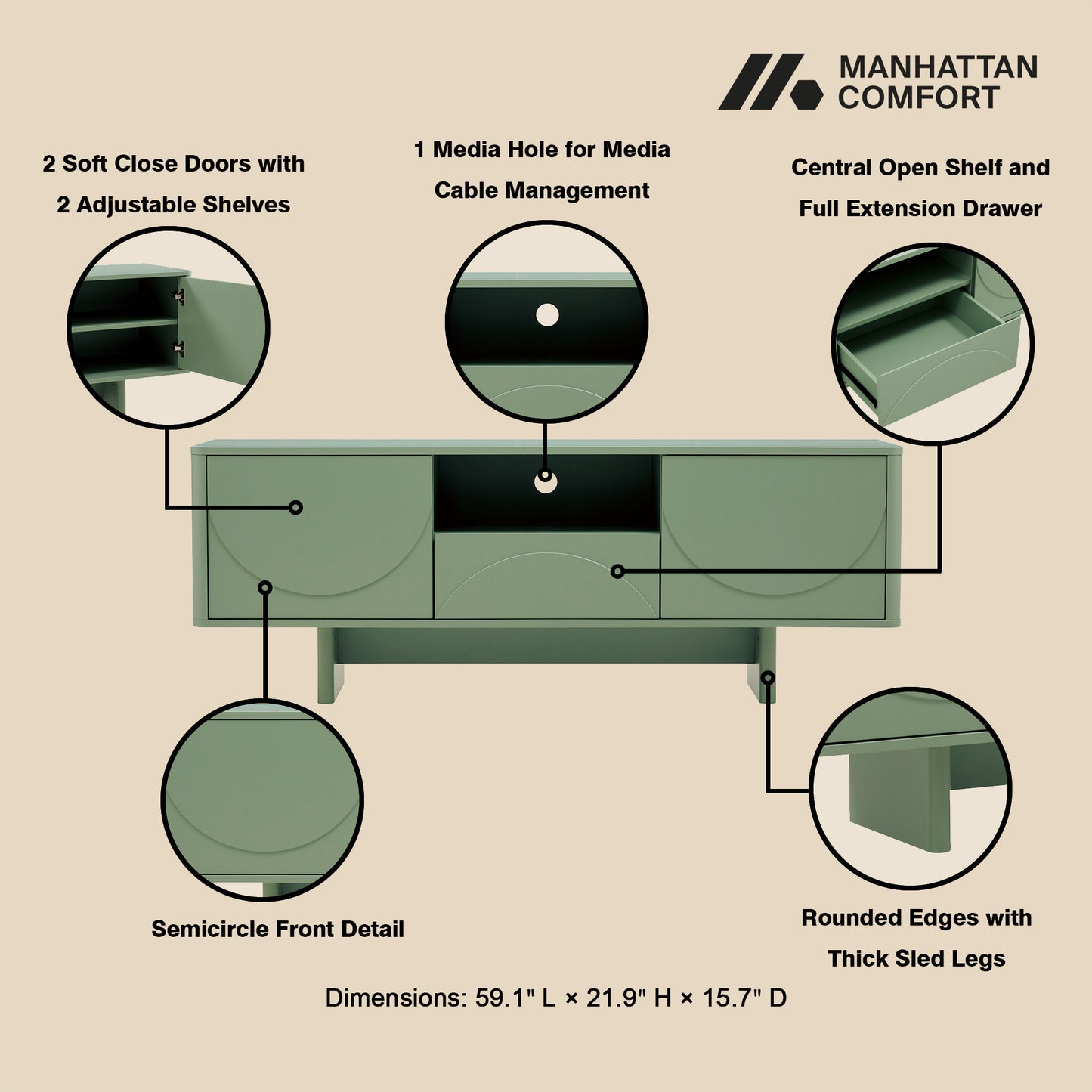 Ella Modern 59" TV Stand TV007 — Contemporary Media Console with Storage