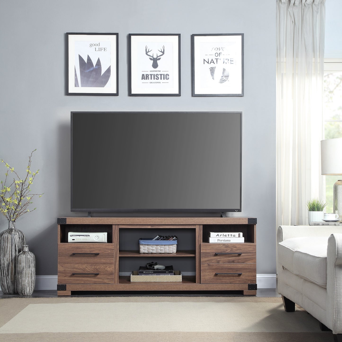 Richmond Industrial Traditional 60" TV Stand with Open Shelves and Closed Storage