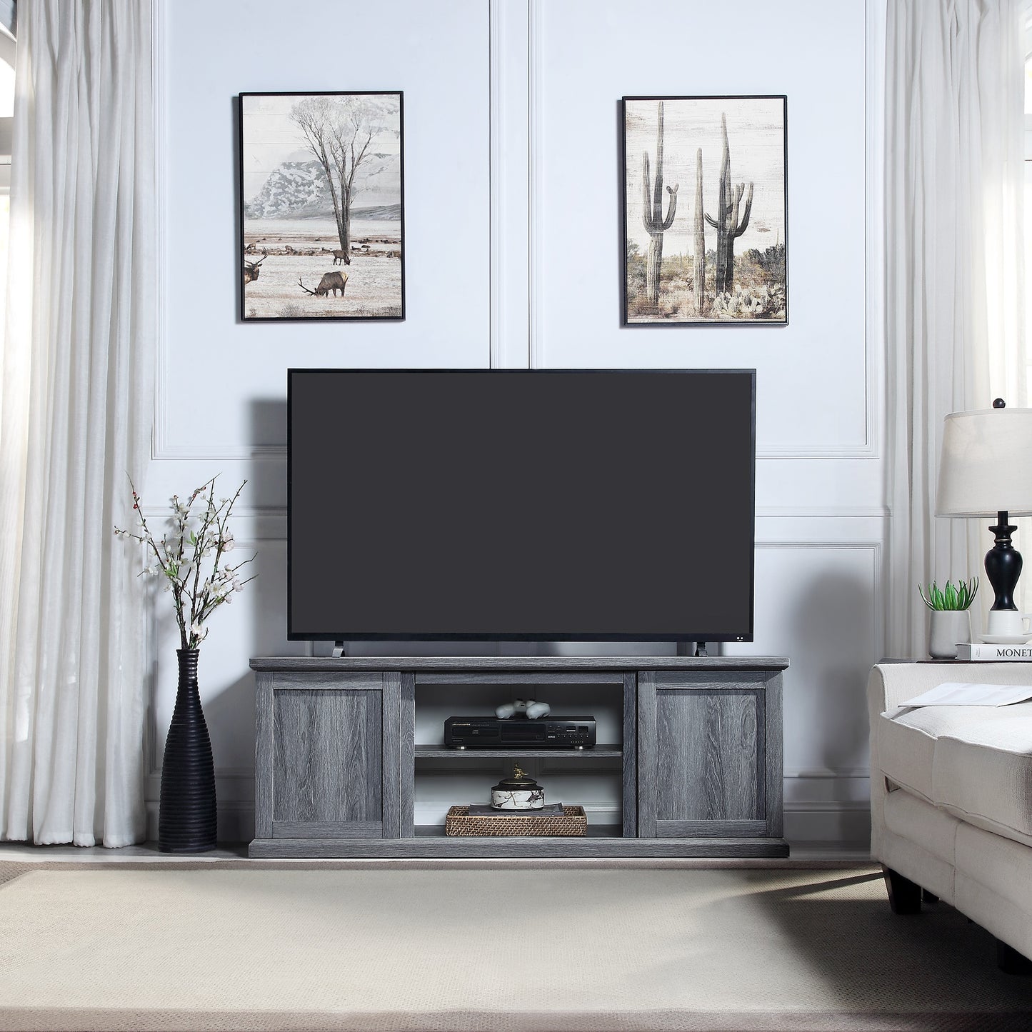 Manhattan Comfort Franklin 60" TV Stand with 2 Doors and Open Shelves in Grey TVFP3-GY