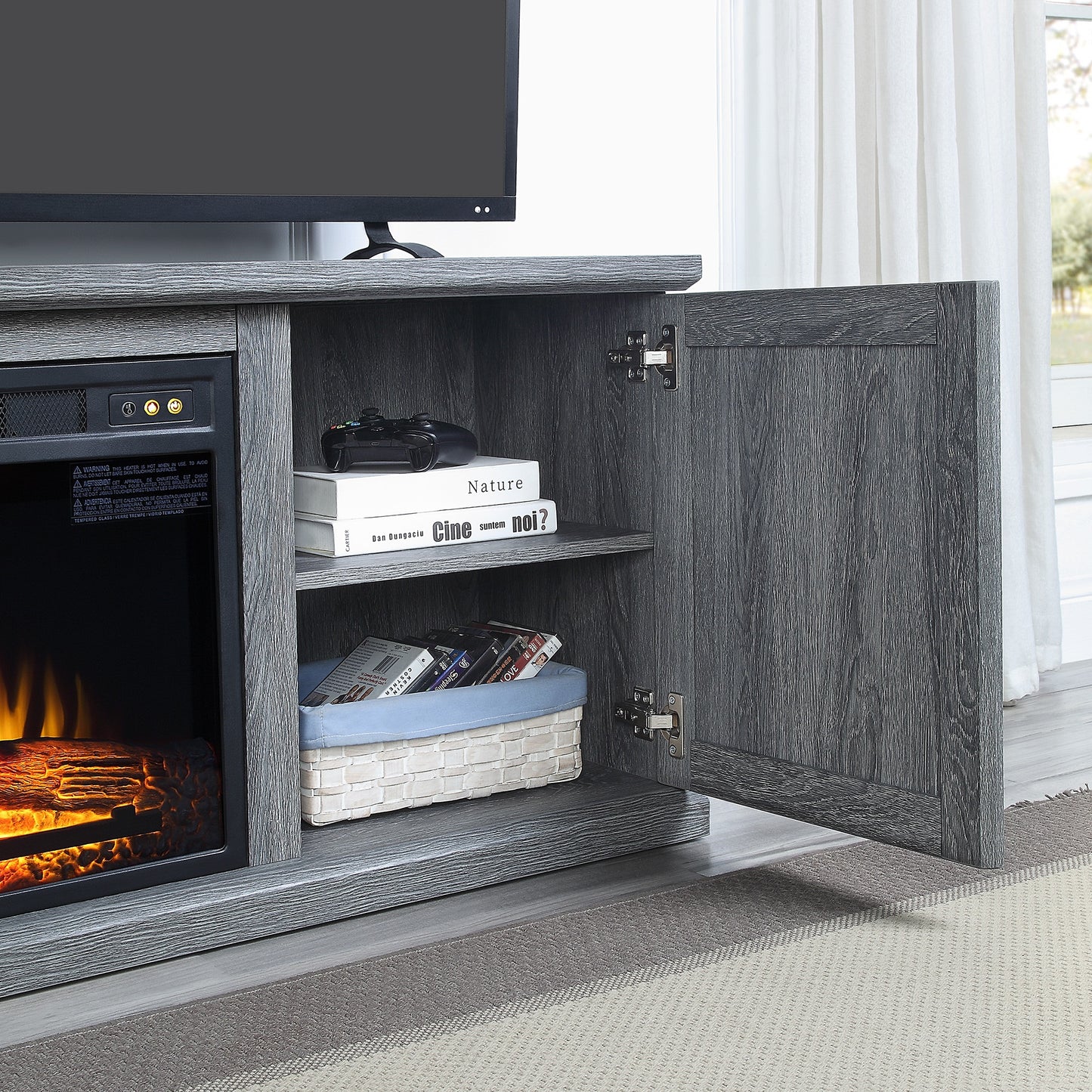 Manhattan Comfort Franklin 60" TV Stand with 2 Doors and Open Shelves in Grey TVFP3-GY