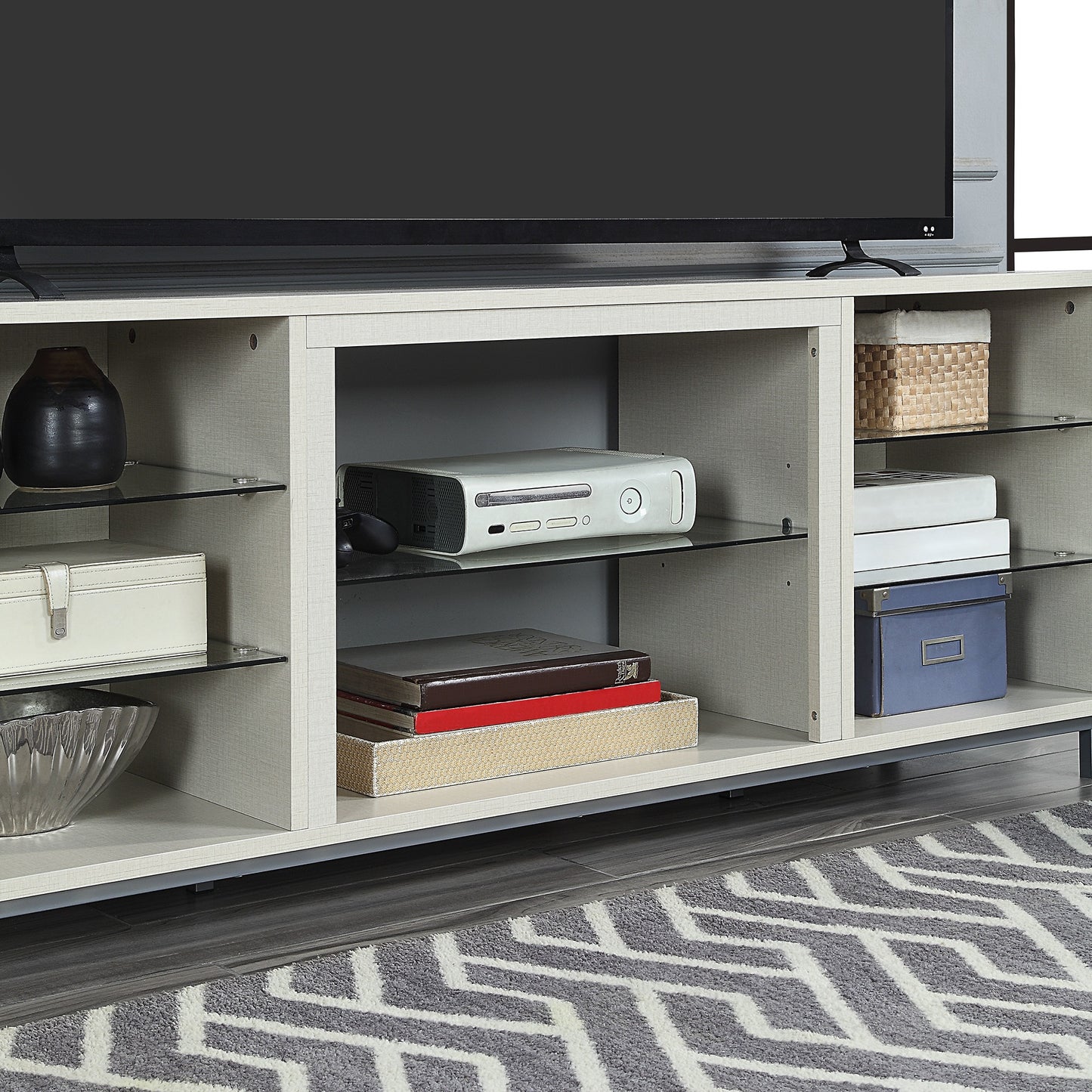 Manhattan Comfort Brighton 60" TV Stand with Glass Shelves and Media Wire Management in Beige TVFP4-BG