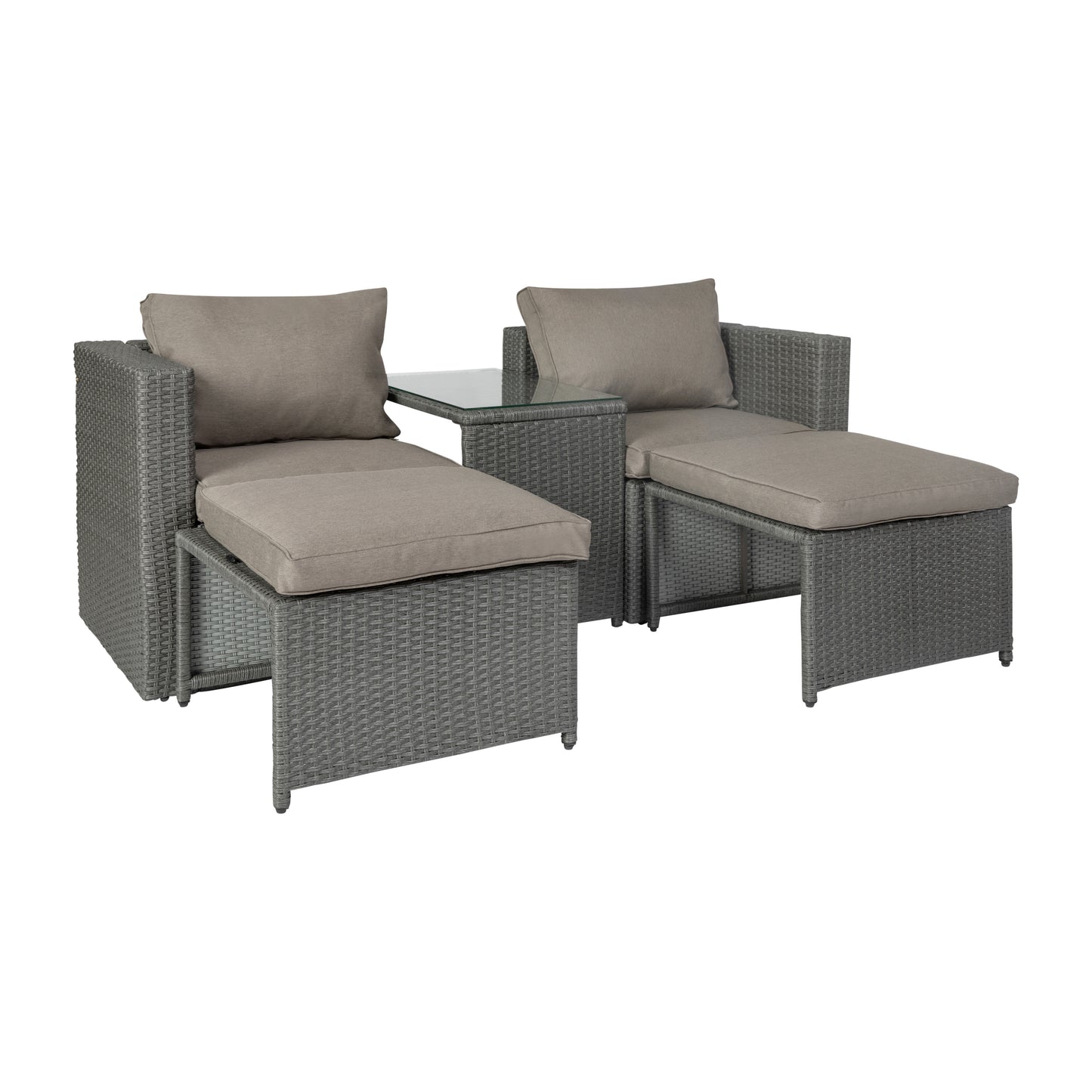 Nico Indoor/Outdoor Modular Loveseat Sofa Set with Table and Ottomans, Gray Cushions and Gray Rattan Beige Fabric/Gray Frame
