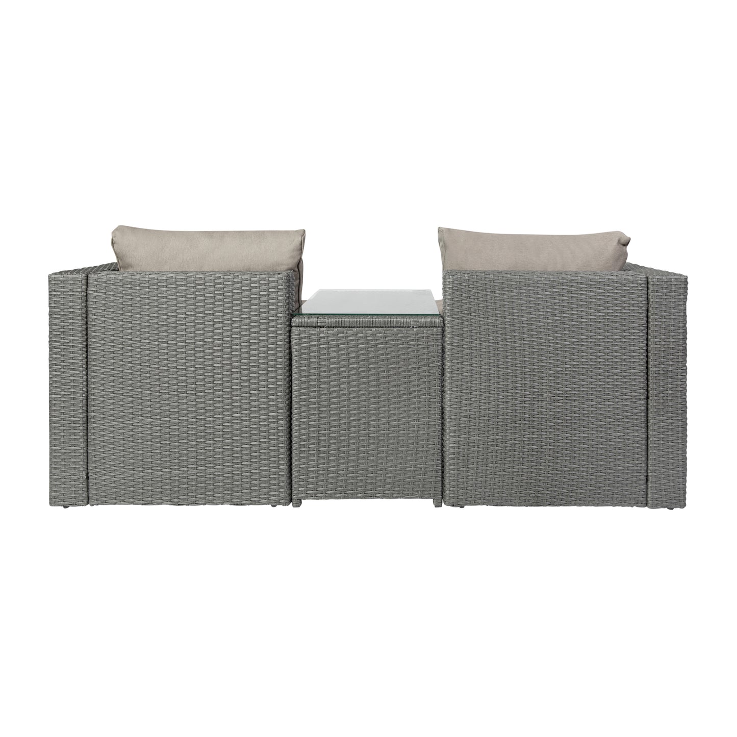 Nico Indoor/Outdoor Modular Loveseat Sofa Set with Table and Ottomans, Gray Cushions and Gray Rattan Beige Fabric/Gray Frame