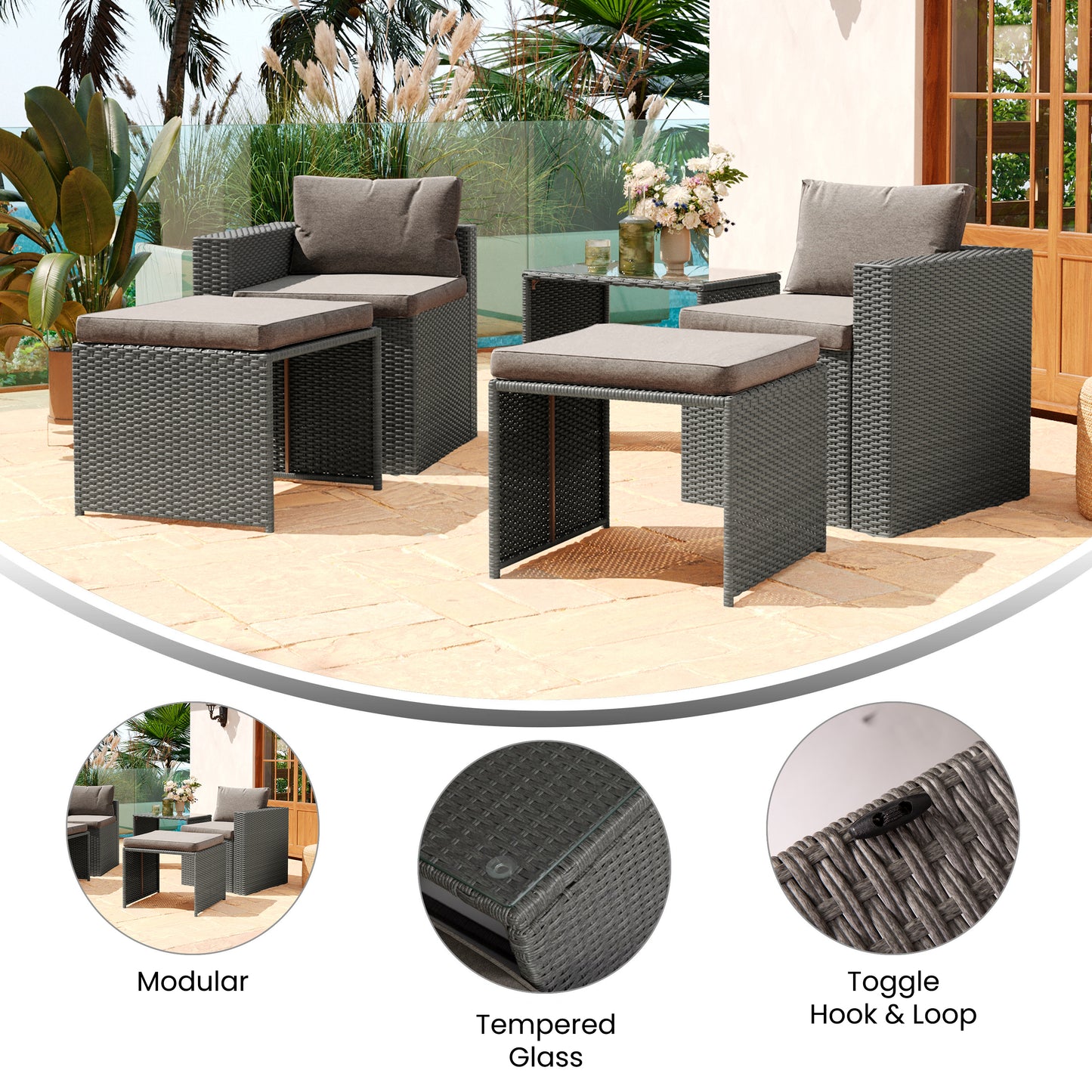 Nico Indoor/Outdoor Modular Loveseat Sofa Set with Table and Ottomans, Gray Cushions and Gray Rattan Beige Fabric/Gray Frame