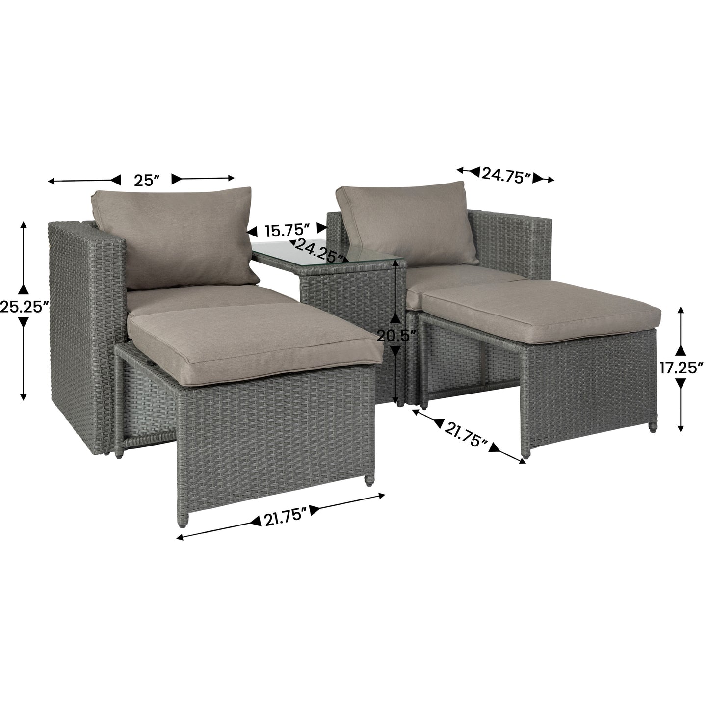 Nico Indoor/Outdoor Modular Loveseat Sofa Set with Table and Ottomans, Gray Cushions and Gray Rattan Beige Fabric/Gray Frame