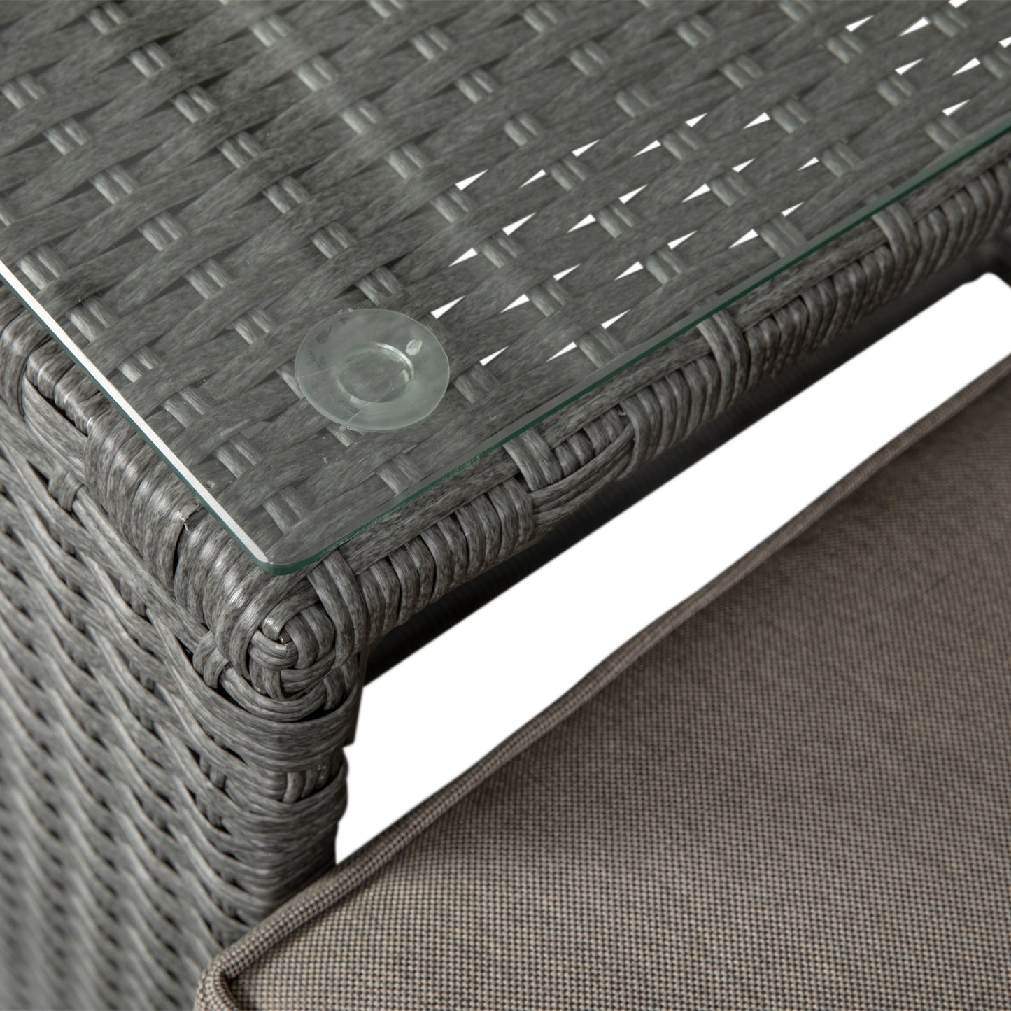 Nico Indoor/Outdoor Modular Loveseat Sofa Set with Table and Ottomans, Gray Cushions and Gray Rattan Beige Fabric/Gray Frame
