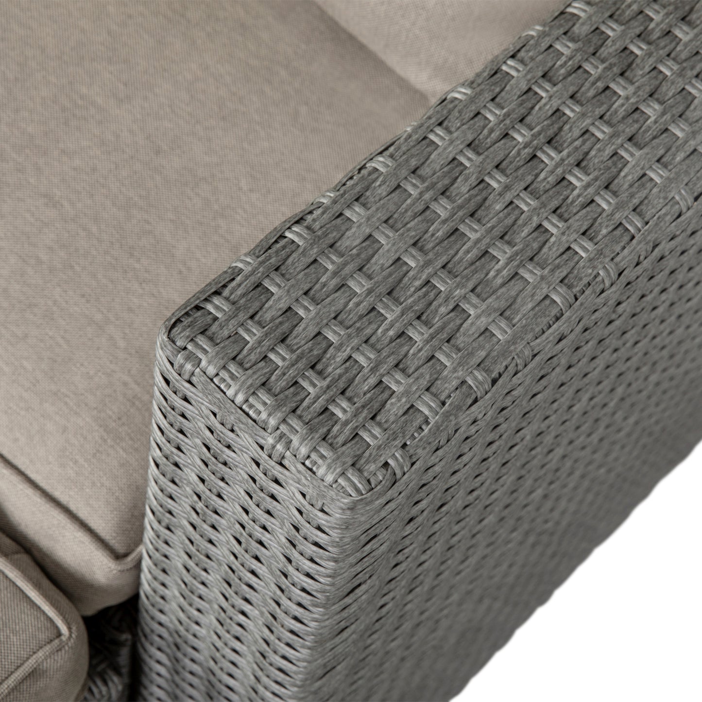 Nico Indoor/Outdoor Modular Loveseat Sofa Set with Table and Ottomans, Gray Cushions and Gray Rattan Beige Fabric/Gray Frame