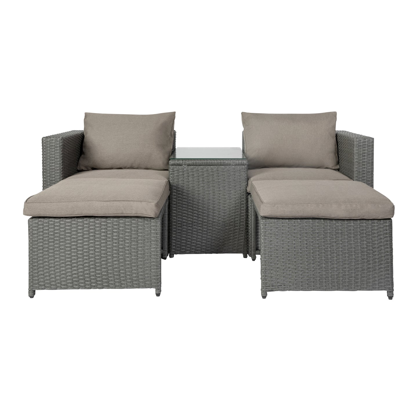 Nico Indoor/Outdoor Modular Loveseat Sofa Set with Table and Ottomans, Gray Cushions and Gray Rattan Beige Fabric/Gray Frame
