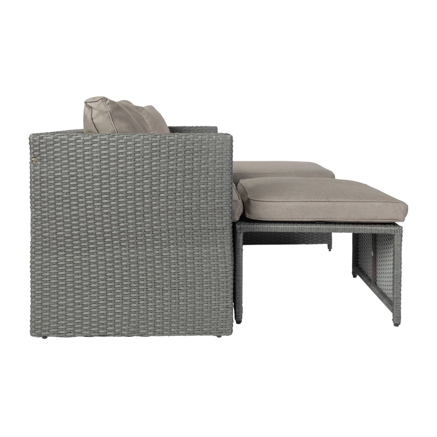 Nico Indoor/Outdoor Modular Loveseat Sofa Set with Table and Ottomans, Gray Cushions and Gray Rattan Beige Fabric/Gray Frame