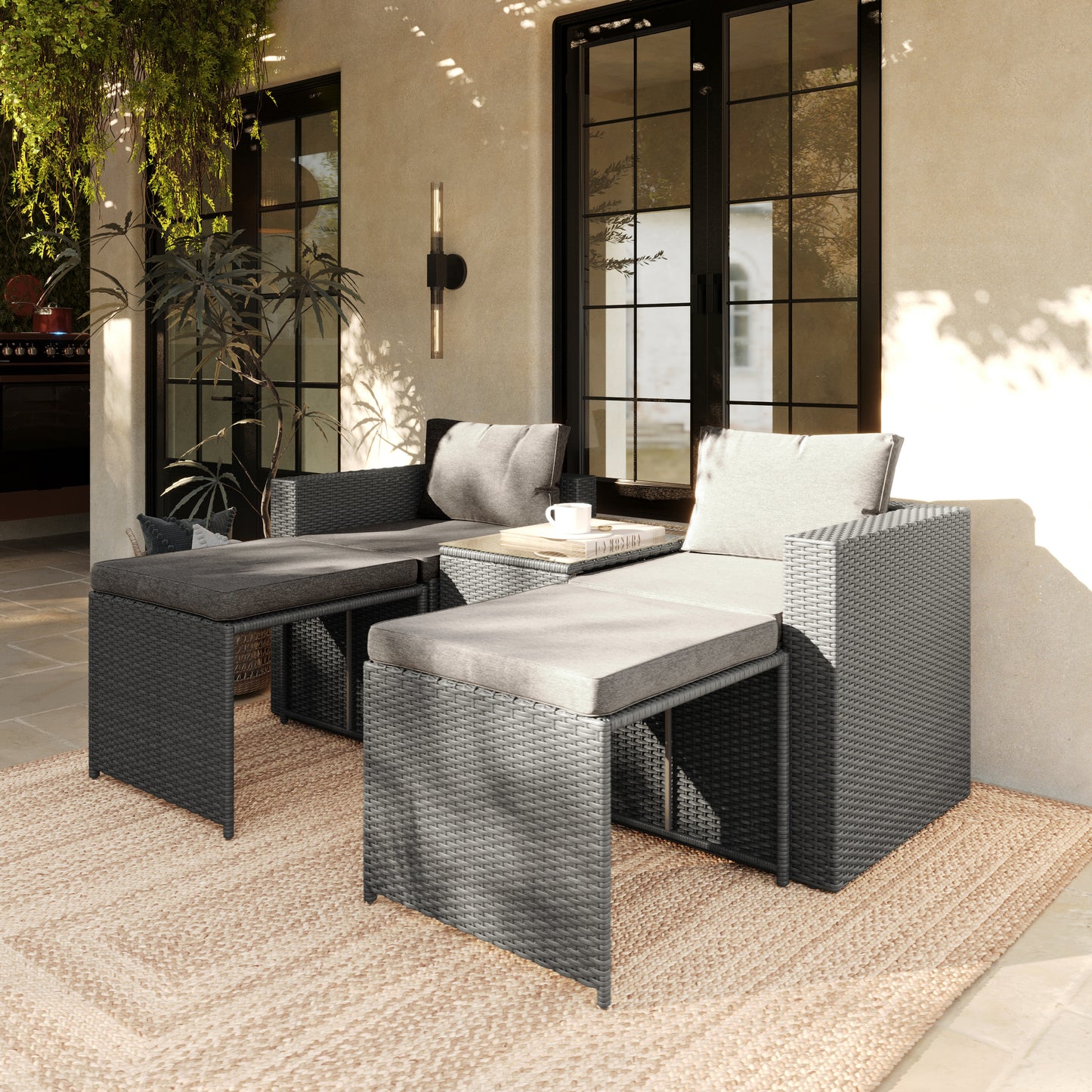 Nico Indoor/Outdoor Modular Loveseat Sofa Set with Table and Ottomans, Gray Cushions and Gray Rattan Beige Fabric/Gray Frame