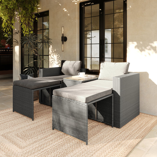 Nico Indoor/Outdoor Modular Loveseat Sofa Set with Table and Ottomans, Gray Cushions and Gray Rattan Beige Fabric/Gray Frame TW-3W15057-58-59-BGGY-GG
